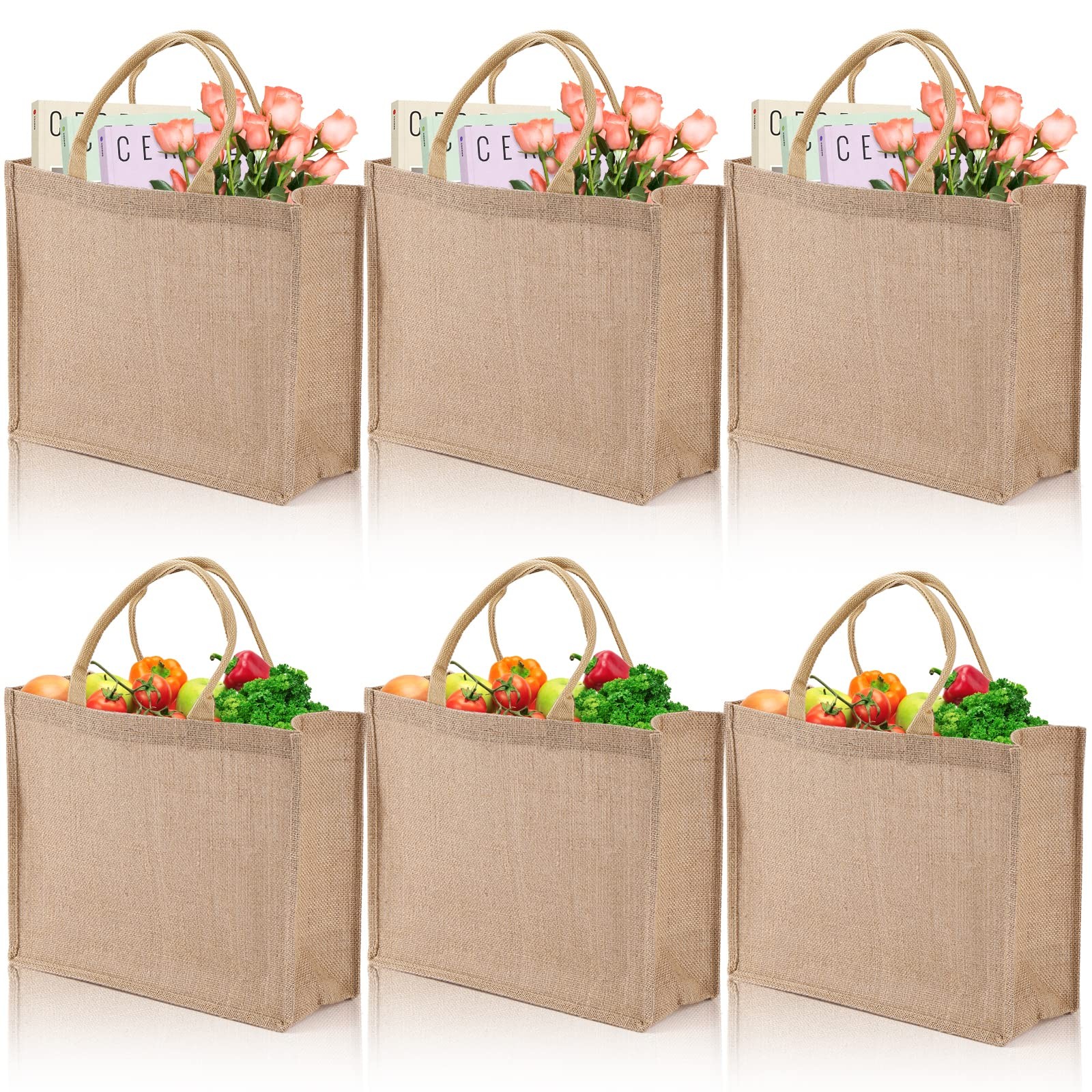 6 Pack Large Jute Burlap Tote Bag, Jute Beach Bag with Laminated Interior, Bu…