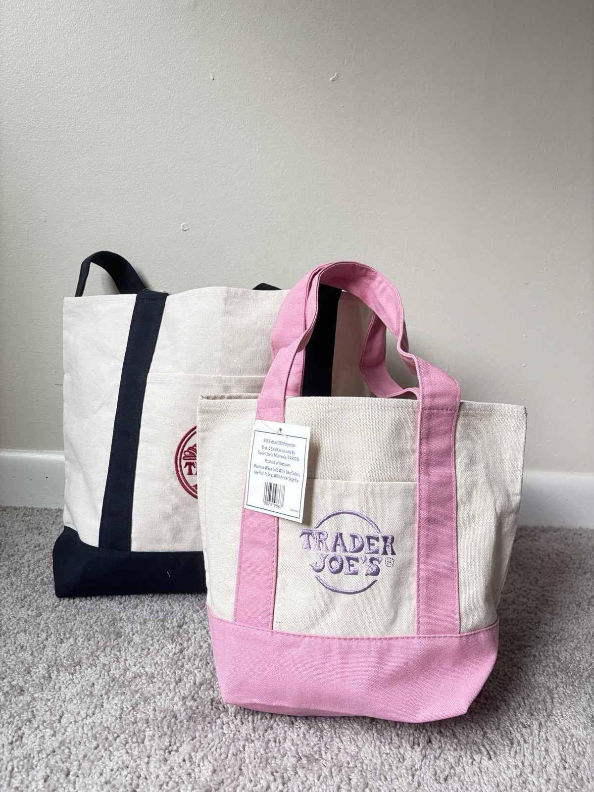 💖 2 Pack Most Sold NEW Trader Joe’s Canvas Navy Blue/mini Pink Must Have Tote🩷