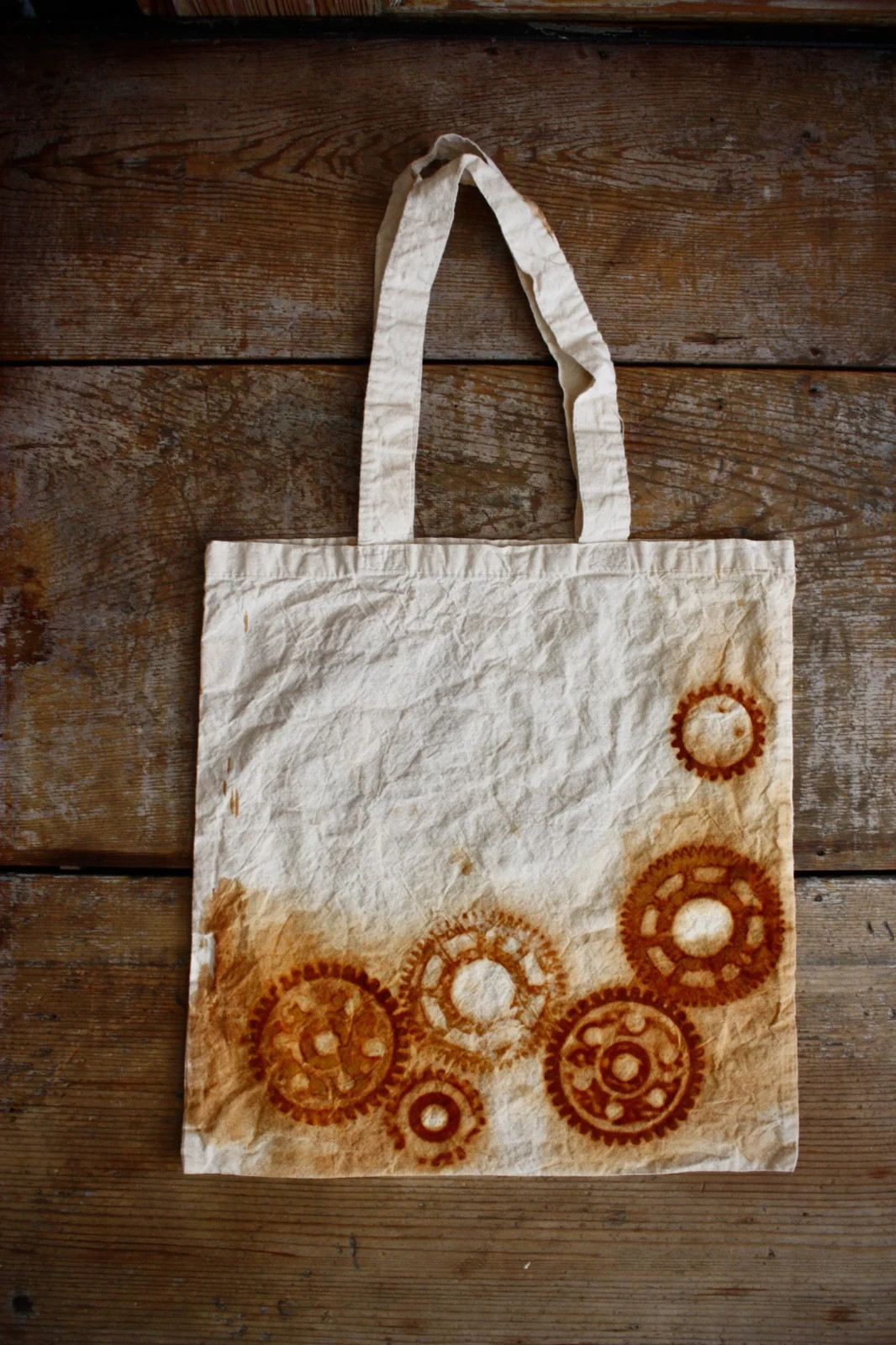 Light Cotton Tote Bag Rust Dyed Gears Handmade Book Bag Farmers Market 14×14
