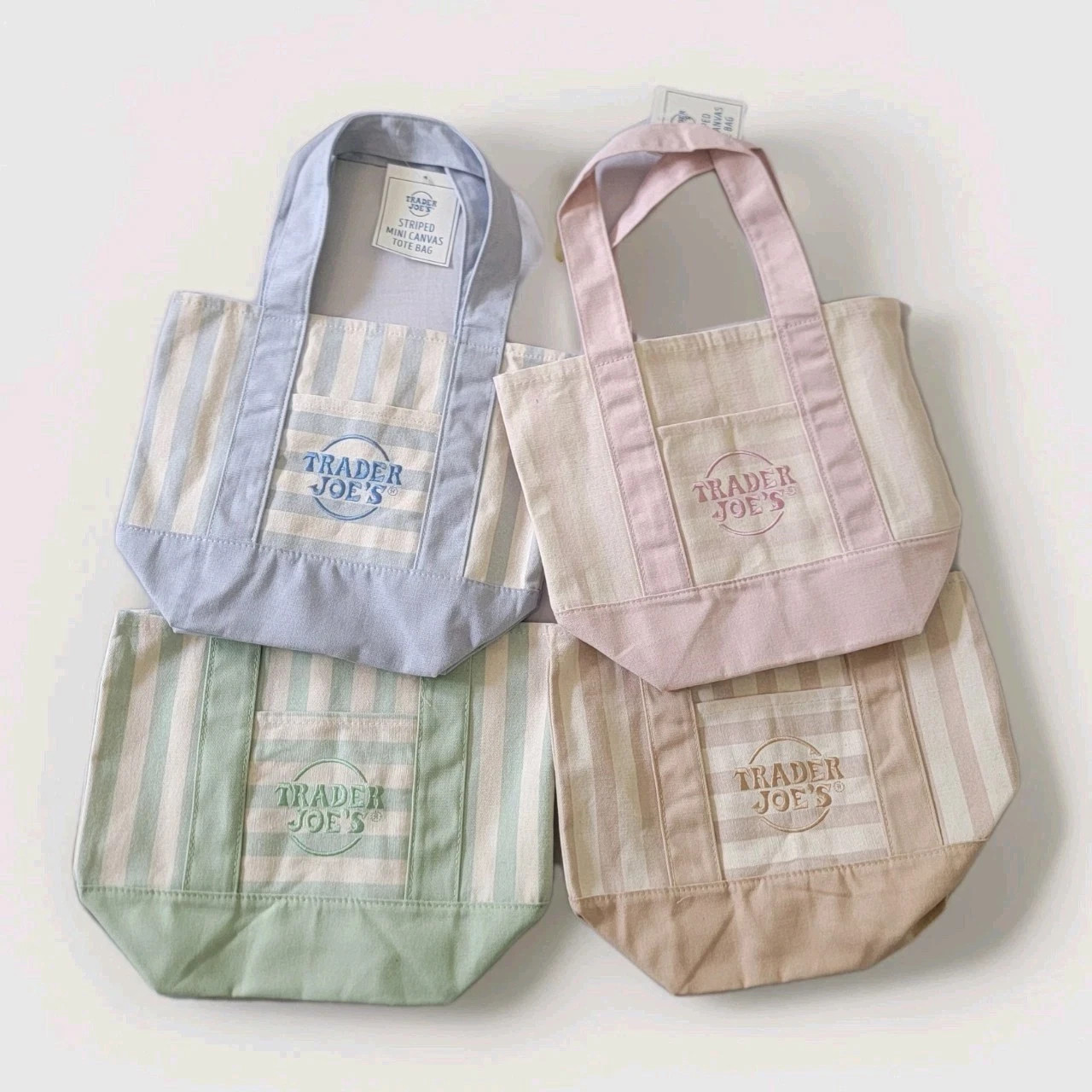 TRADER JOE’S MINI PASTEL STRIPE CANVAS TOTE BAGS SET Of 4 PINK BLUE GREEN BEIGE