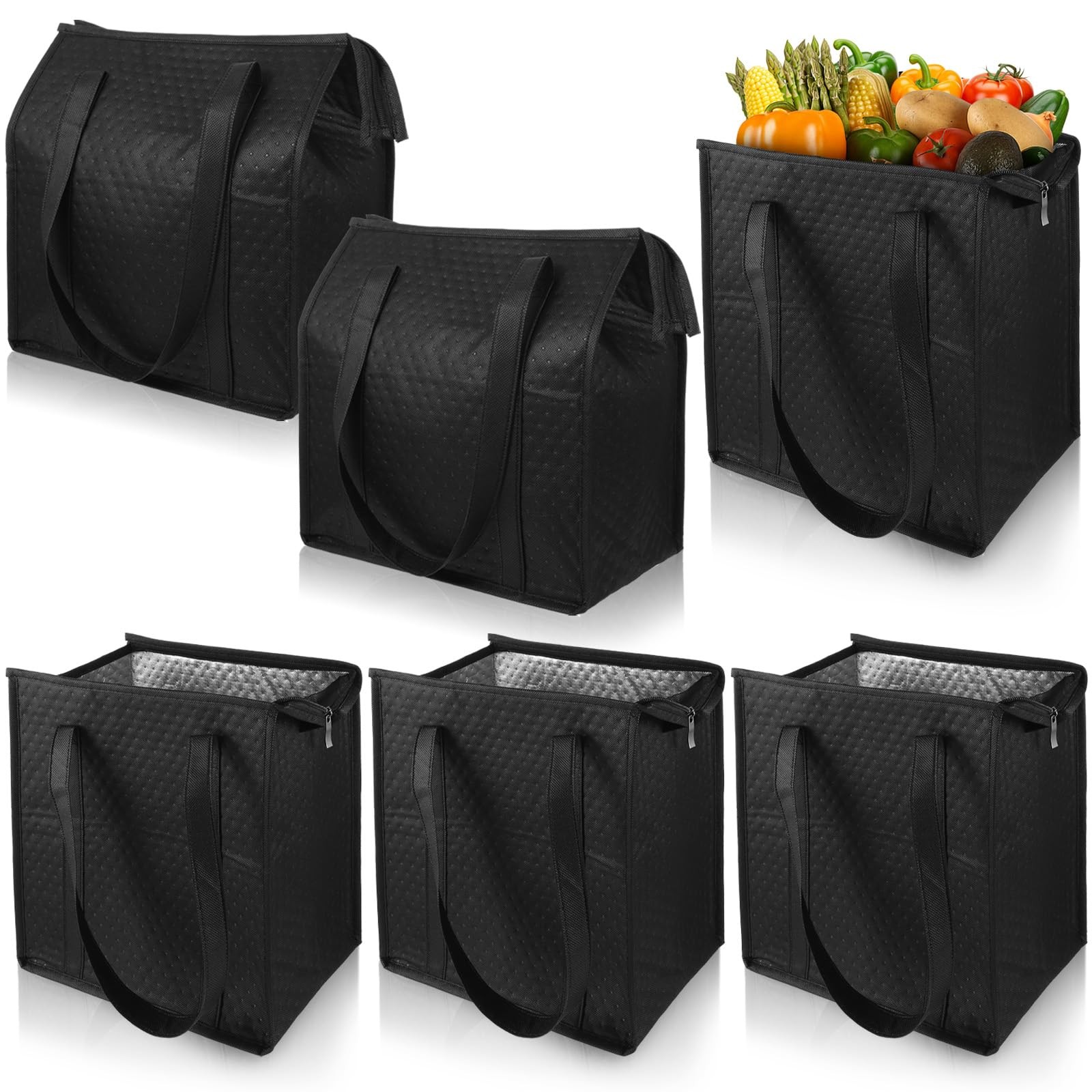 6 PCS Insulated Grocery Bags Reusable Thermal Shopping Tote Hot/Cold Food Black