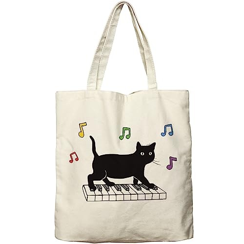 Black Cat Canvas Tote Bag For Women Aesthetic Funny Cute Cat Playing Piano