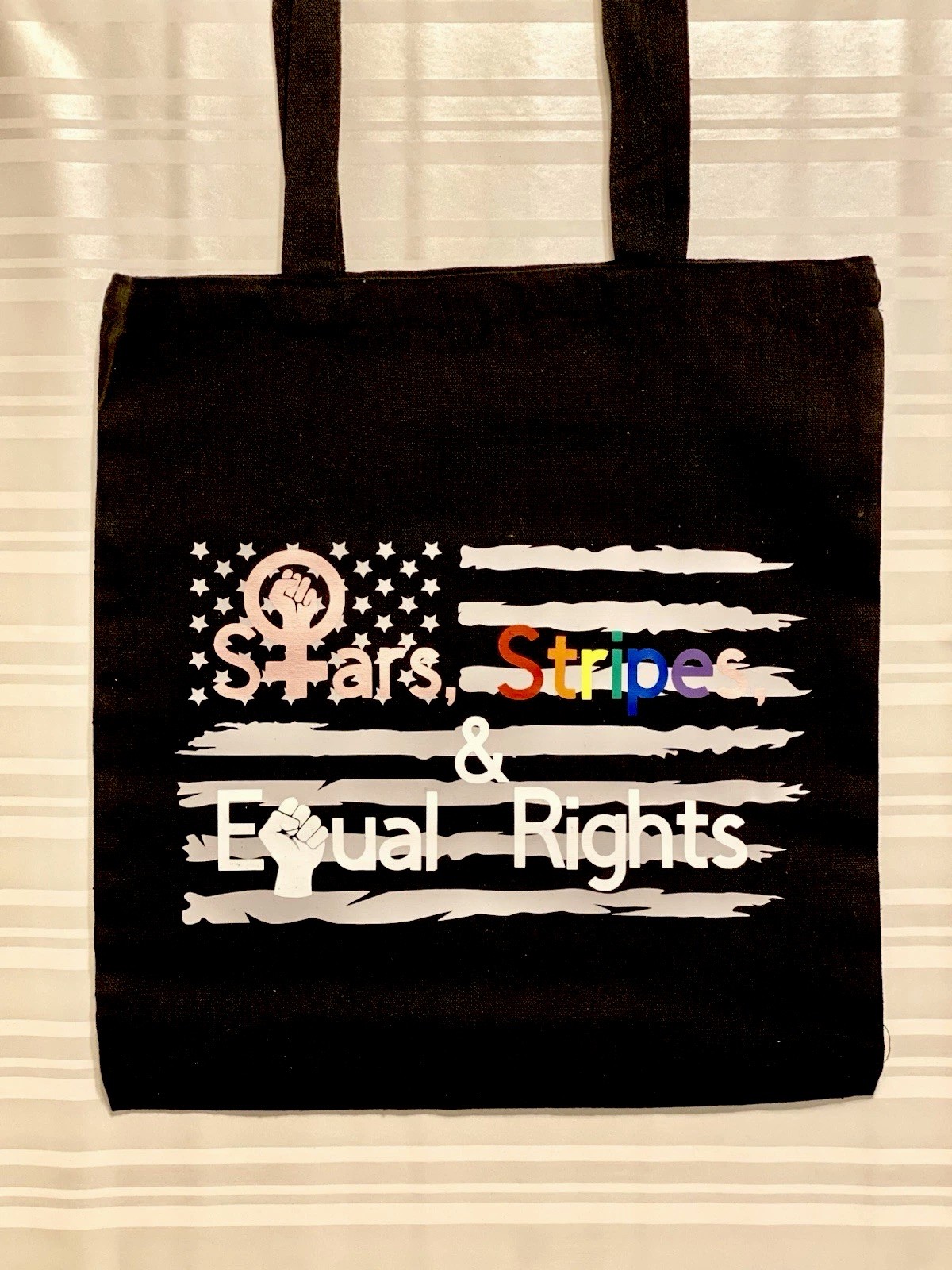 Reusable Canvas Shopping Bag Black Stars Stripes Equal Rights Flag Text Design