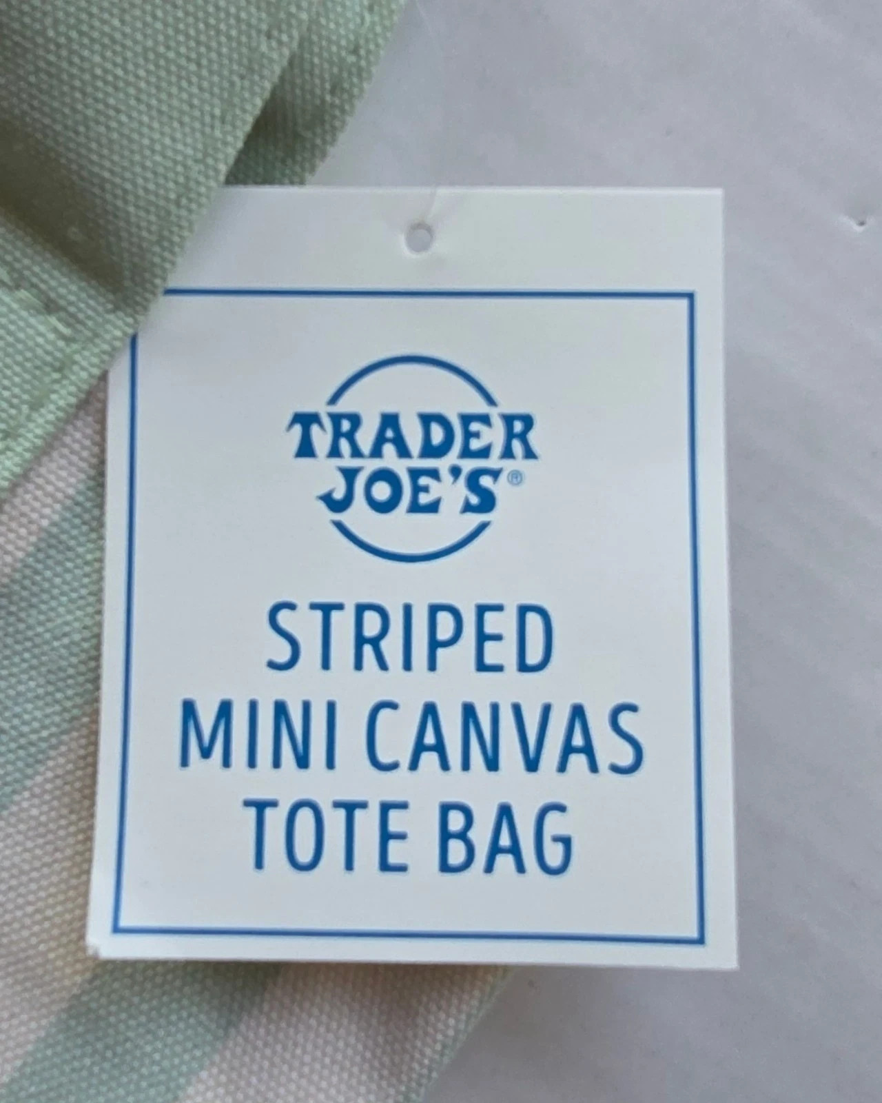Trader Joe’s MINI Canvas Reusable Bag, w/ Off White or Tan, LIGHT GREEN STRIPES