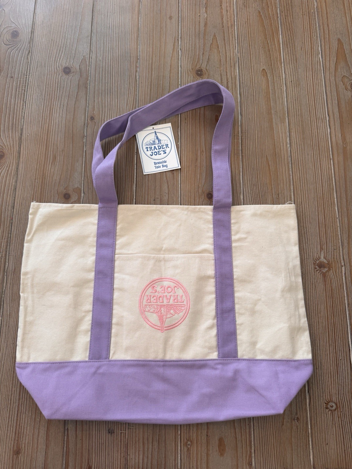 *Rare* Trader Joe’s Reusable Large Tote Bag -Beige Purple – UPSIDE DOWN Logo