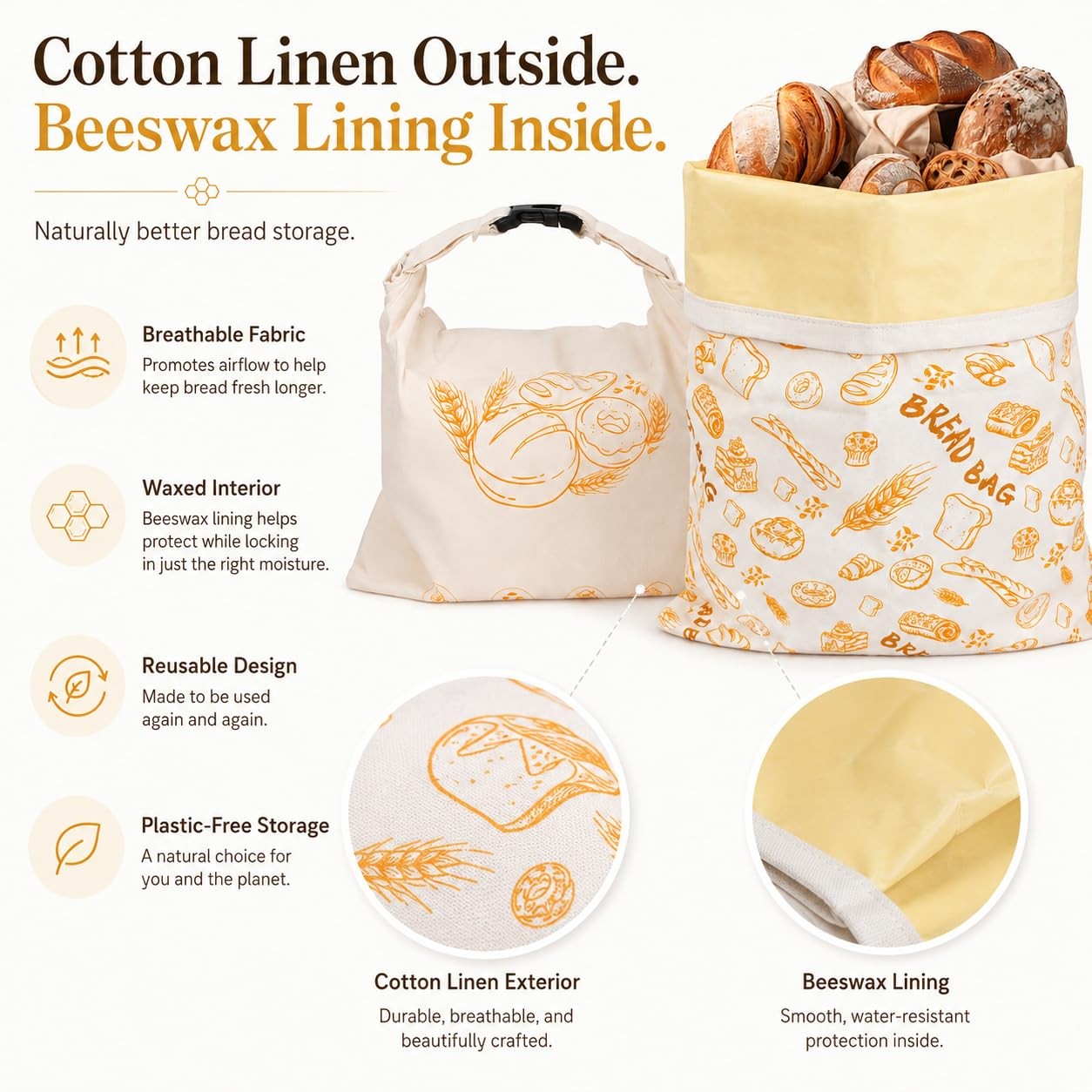 Beeswax Bread Bags for Sourdough, 2 Pack 17 x 13 Inch Reusable One Size, B