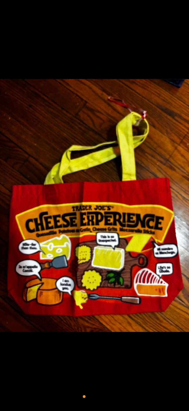 TRADER JOE’S CHEESE EXPERIENCE Reusable Shopping Tote Bag Red Yellow Kitchen