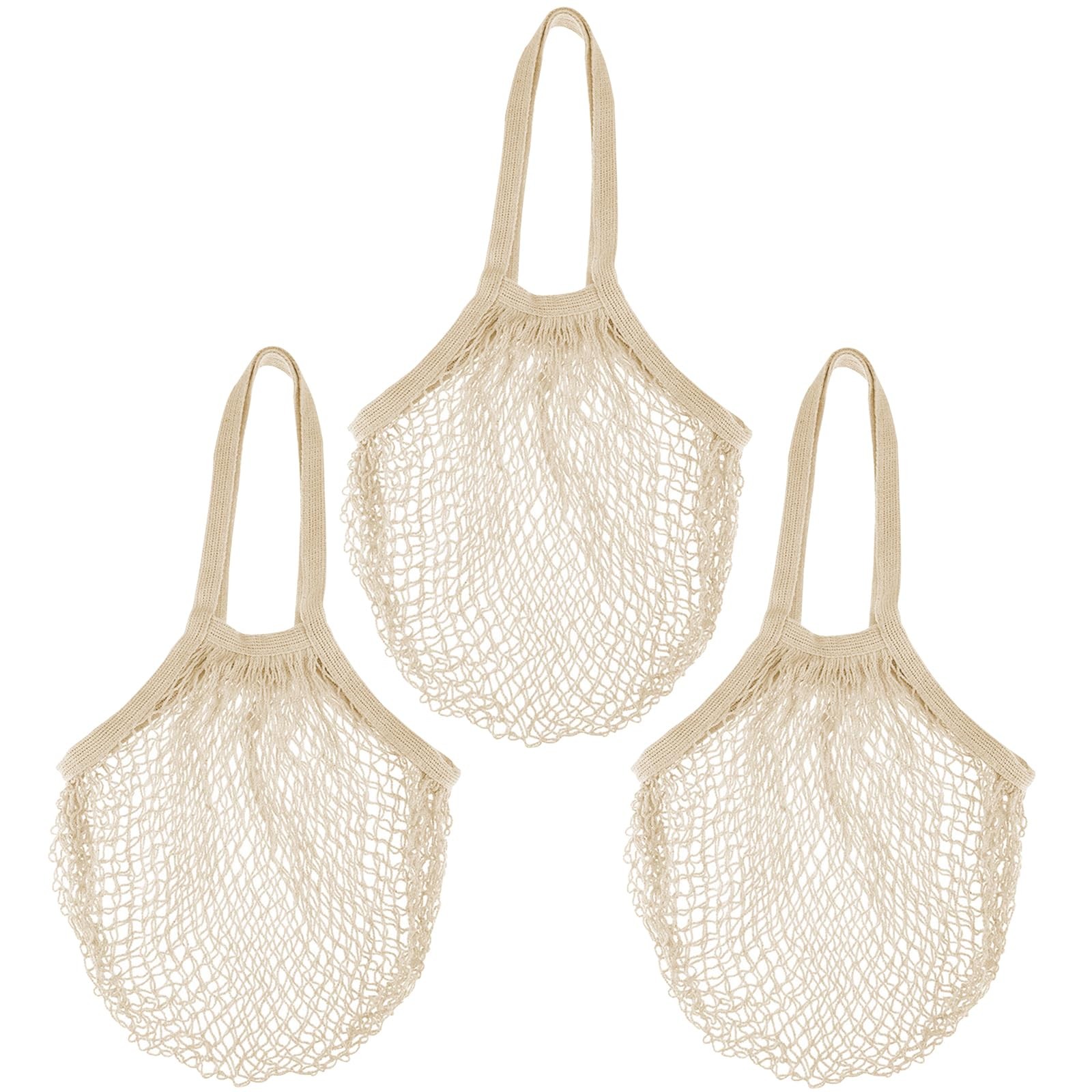 3 Pack Cotton Mesh Grocery Bags Reusable Net Tote Fruit Vegetable Beige Set