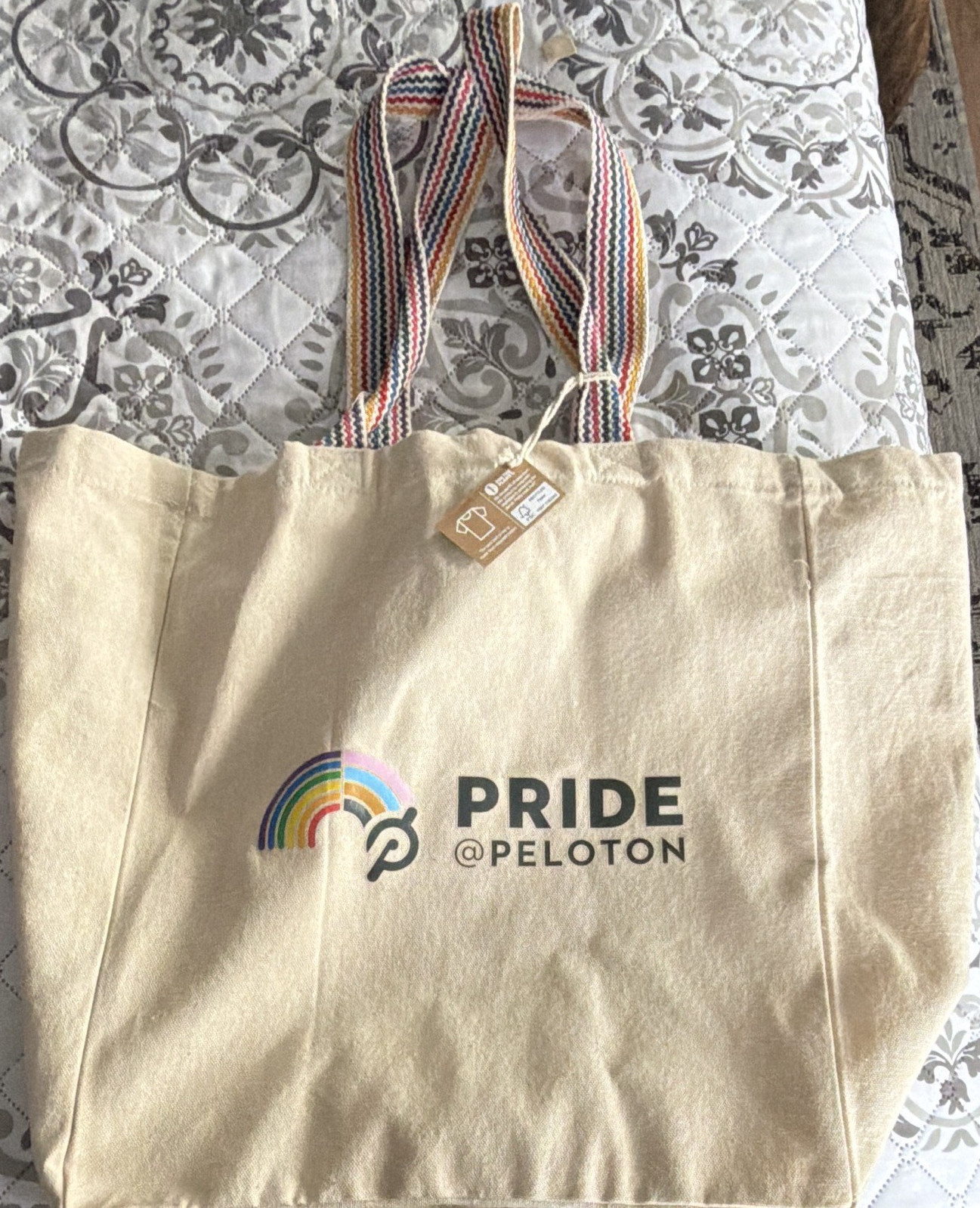 Peloton Pride Canvas Tote Bag, Beige/Multicolor, Striped Handles, 12x14x6 in