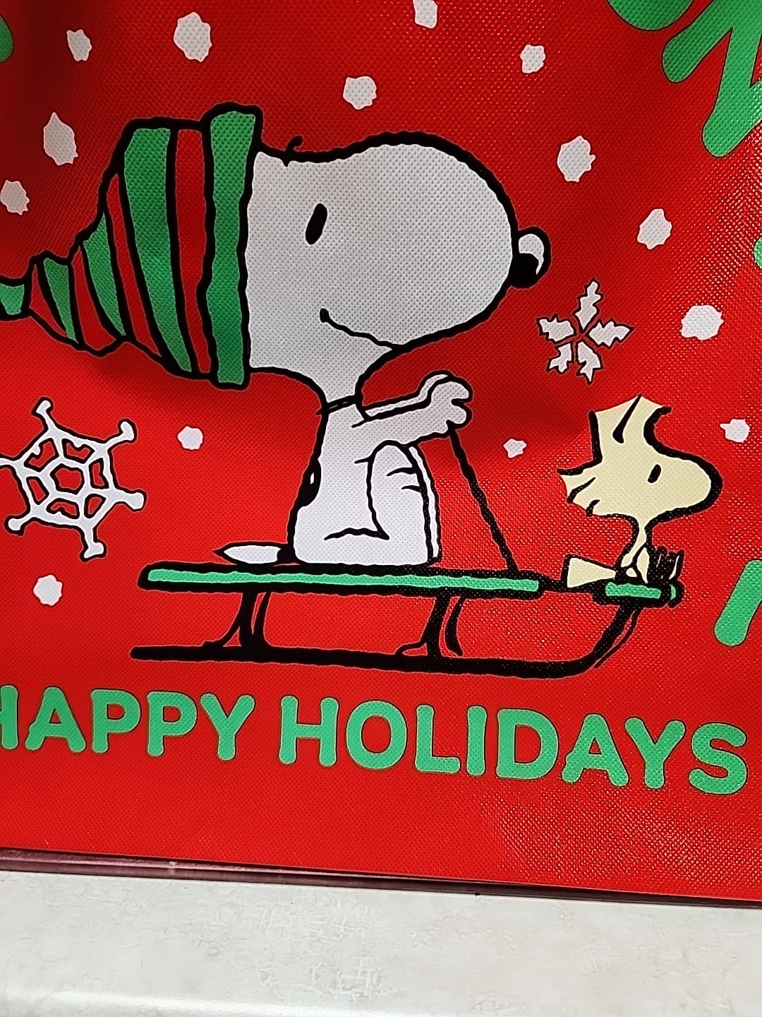 Peanuts Snoopy & Woodstock Christmas Sleding XLarge polyester Tote Bag 19.5×17