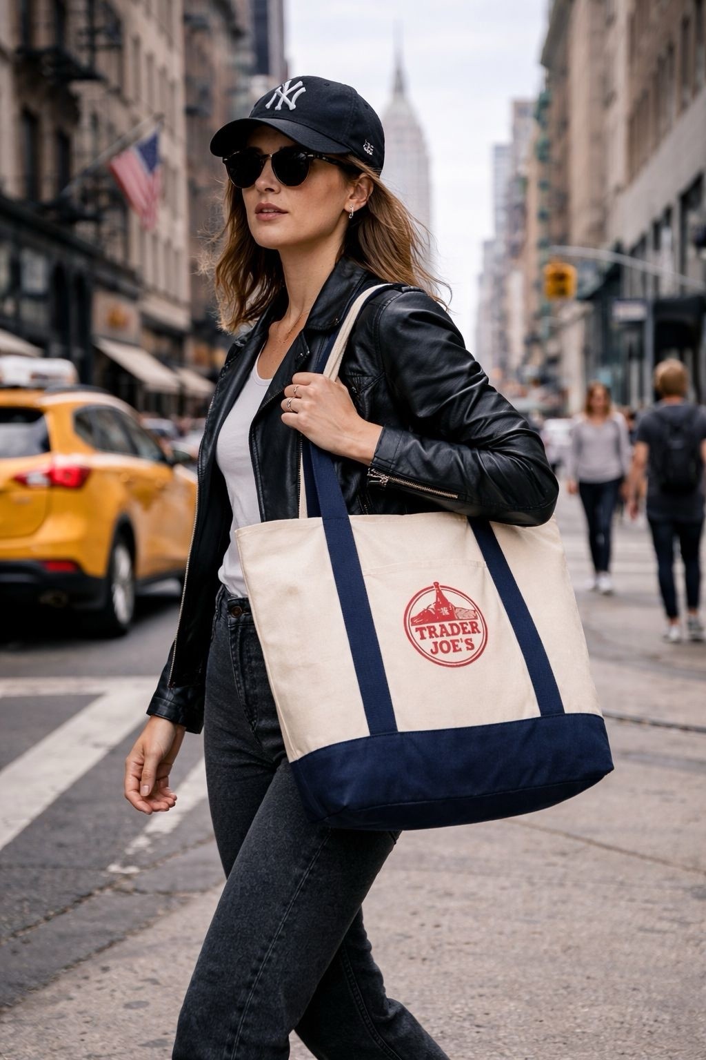 Trader Joe’s Reusable Foldable Tote Bag Cotton Polyester White Navy Blue