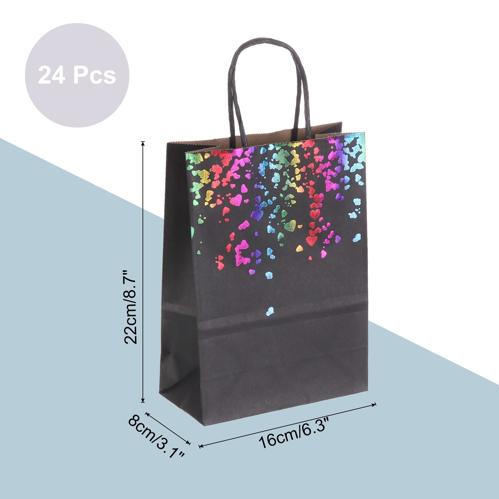 24Pcs Kraft Gift Bags with Handles Bulk, Black Multicolor Heart Party Favor Bags