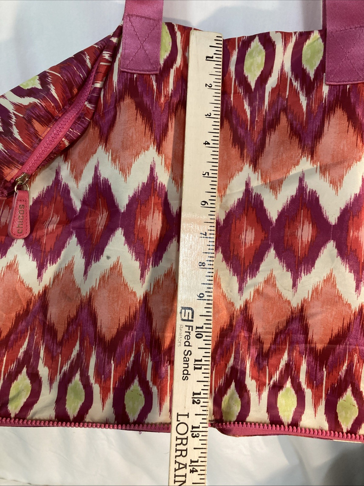 Chico’s Be Bold Packable Zipper Tote Bag Rose-Pink-Cream-Green Print Compact