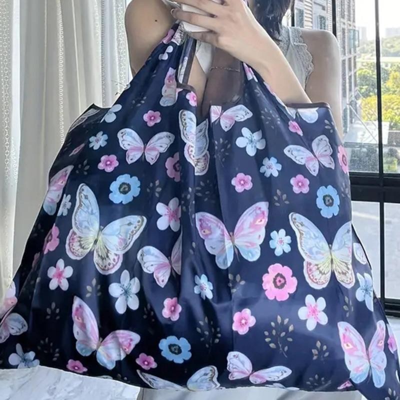 Portable Folding Shopping Bag Butterfly Flower Printing Grocery Bag Eco-friendly