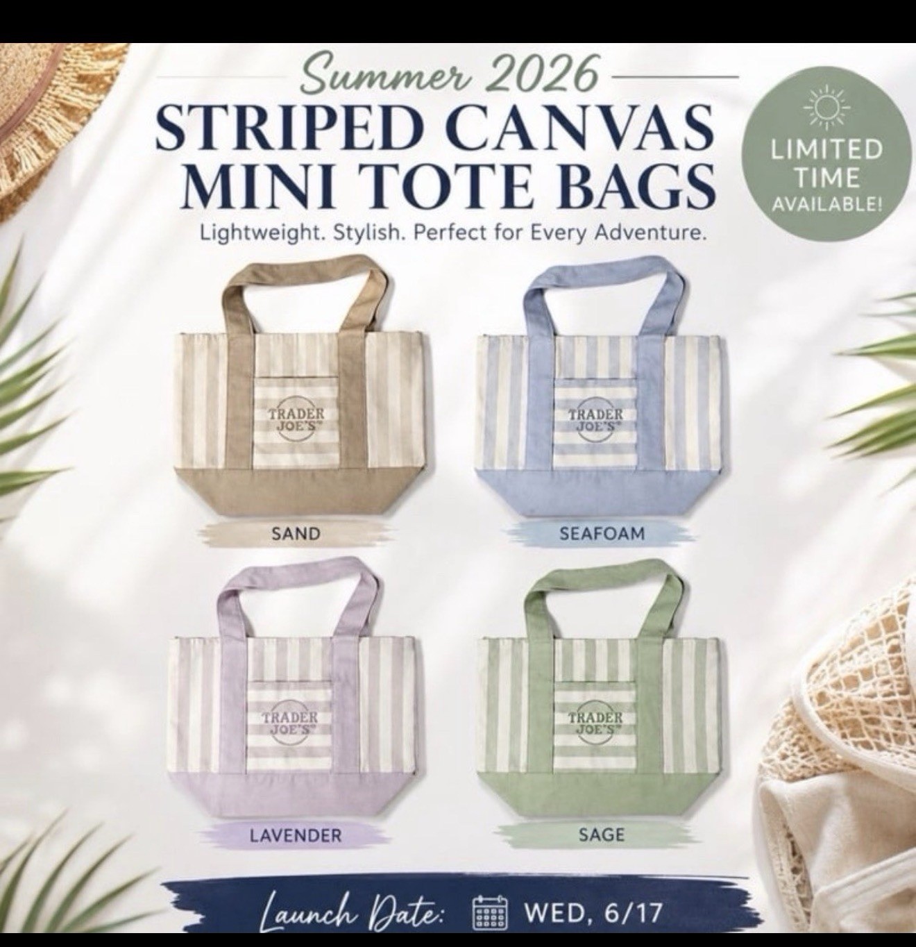 Trader Joe’s Mini Tote Bags Set of 4 Striped Multicolor 13x6x11 in New