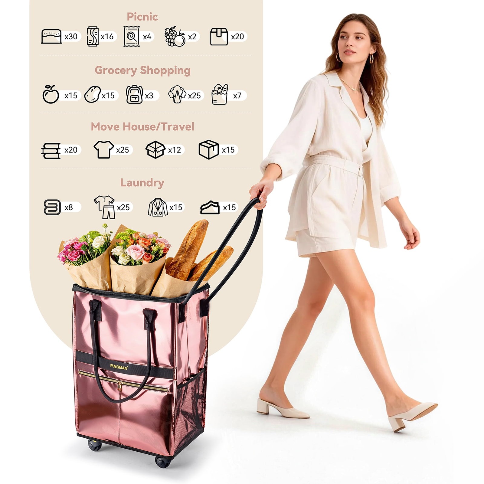 67-120L Rolling Shopping Bag with 5 Wheels Foldable Grocery Utility Cart New