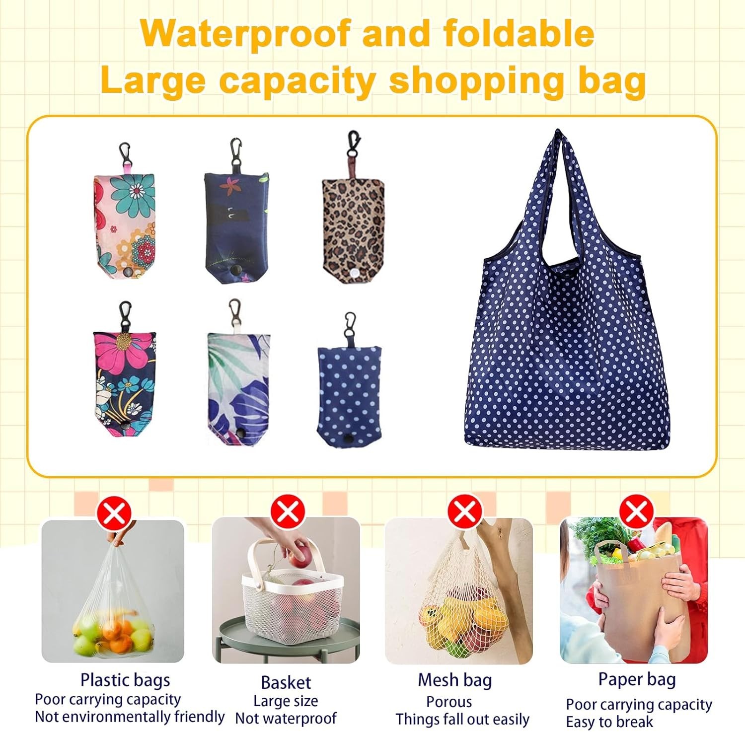 6 Pcs Reusable Shopping Bags Foldable,Grocery Bags in Pocket,Waterproof and M…