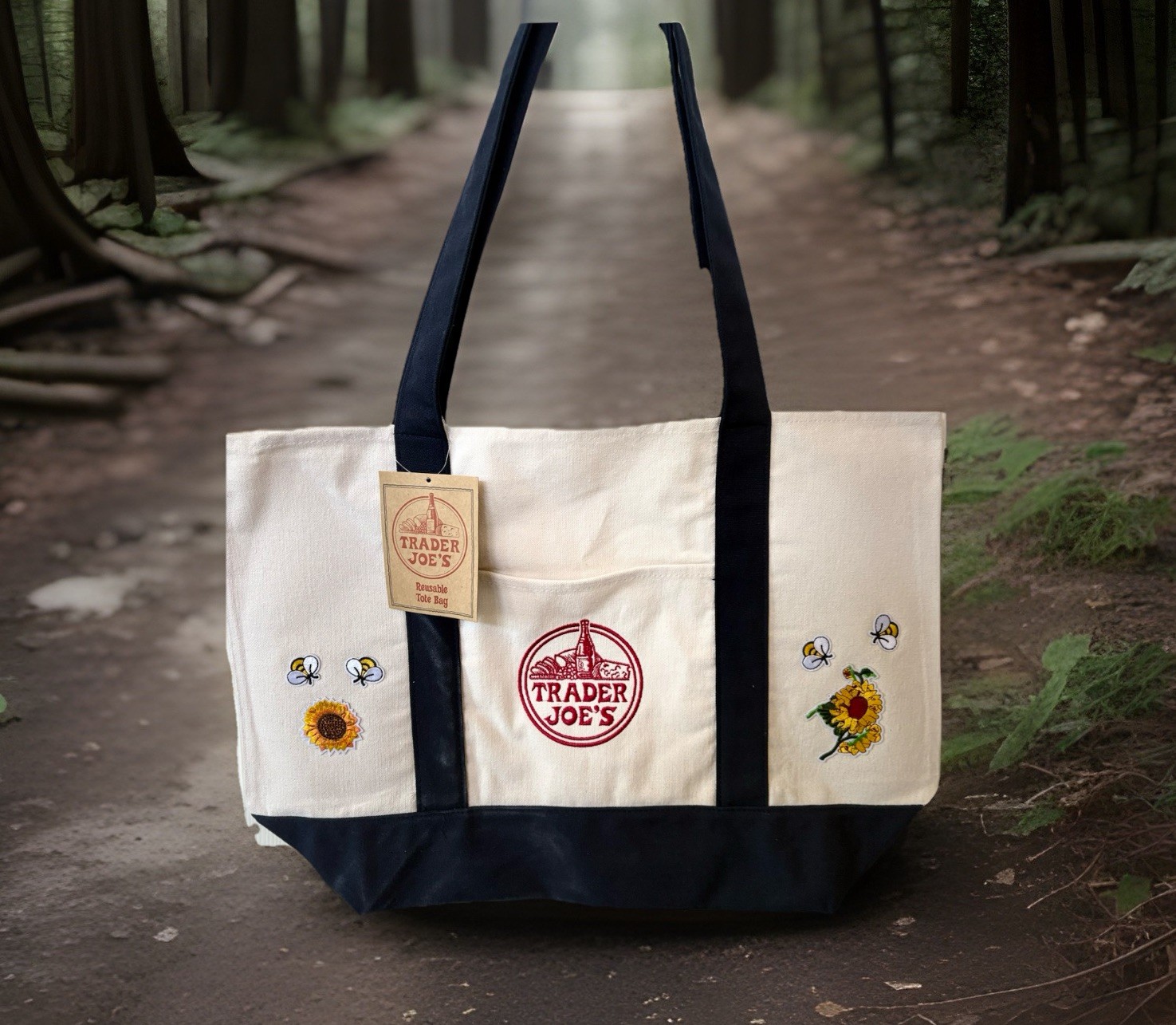 Trader Joe’s Embroidered floral pattern Tote Carry Large Eco Shopping Bag