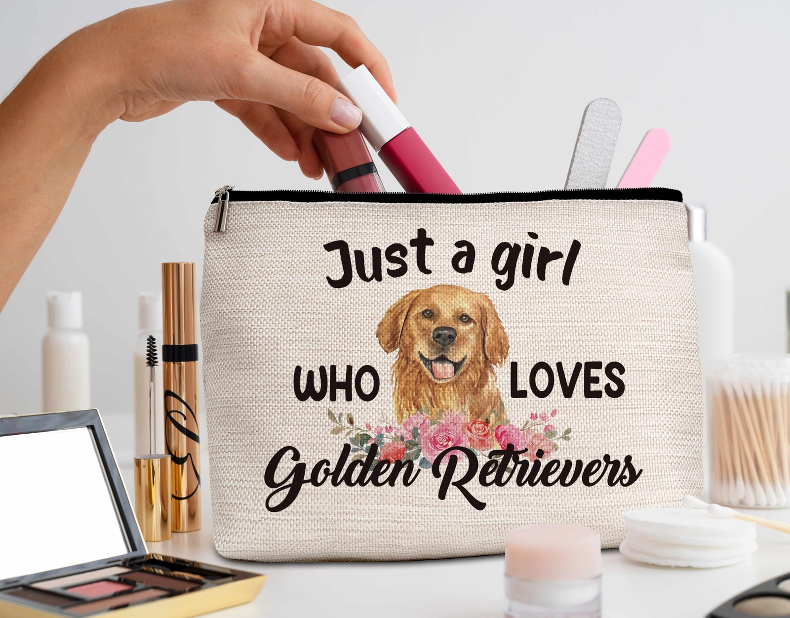 Eyouyeqi Golden Retrievers Gifts Makeup Bag, Just A Girl Who Loves White