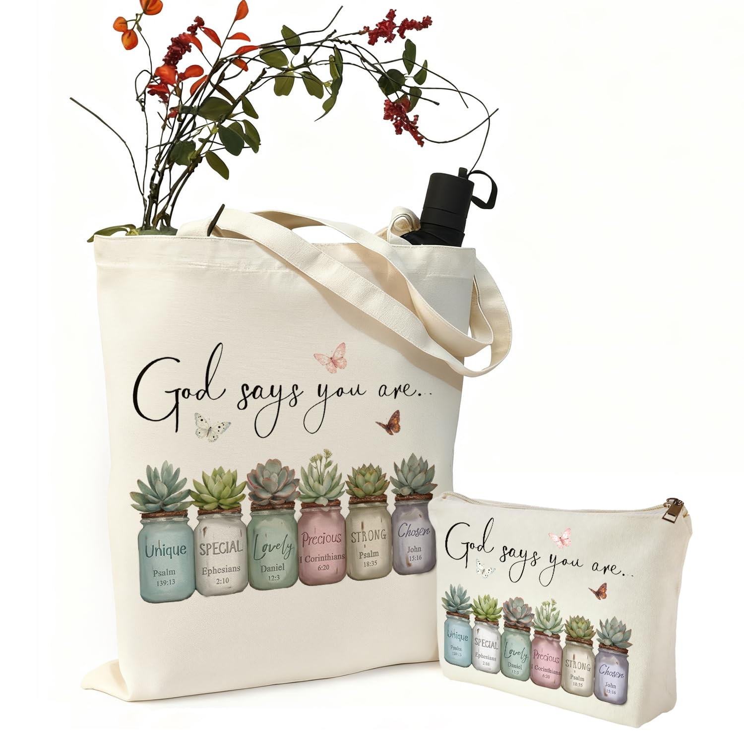 Solaine Li 2 Pack Bible Verse Canvas Tote Makeup Bag Large, Off-white