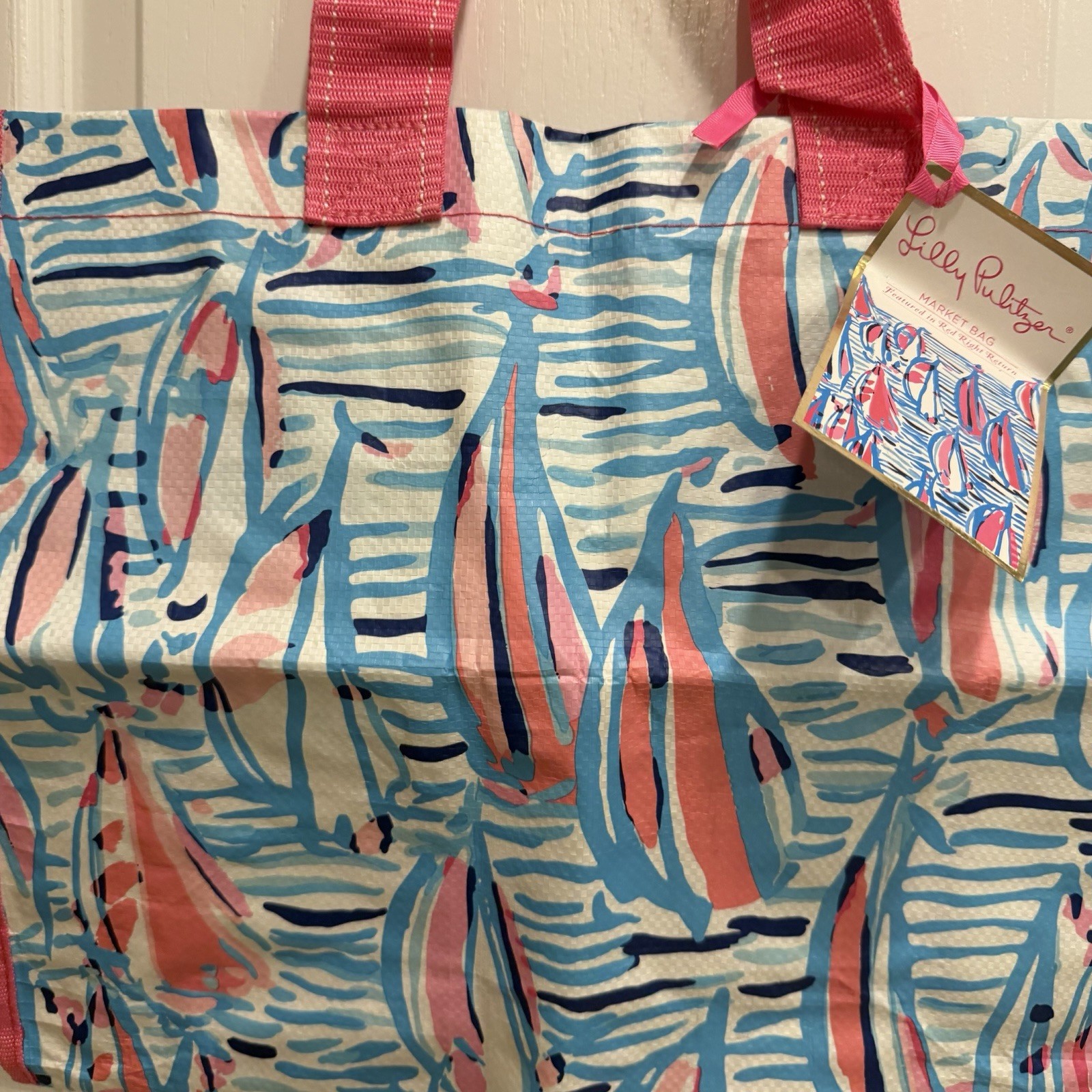 NWT Lilly Pulitzer Market Tote Bag Red Right Return Reusable Sailboats Preppy