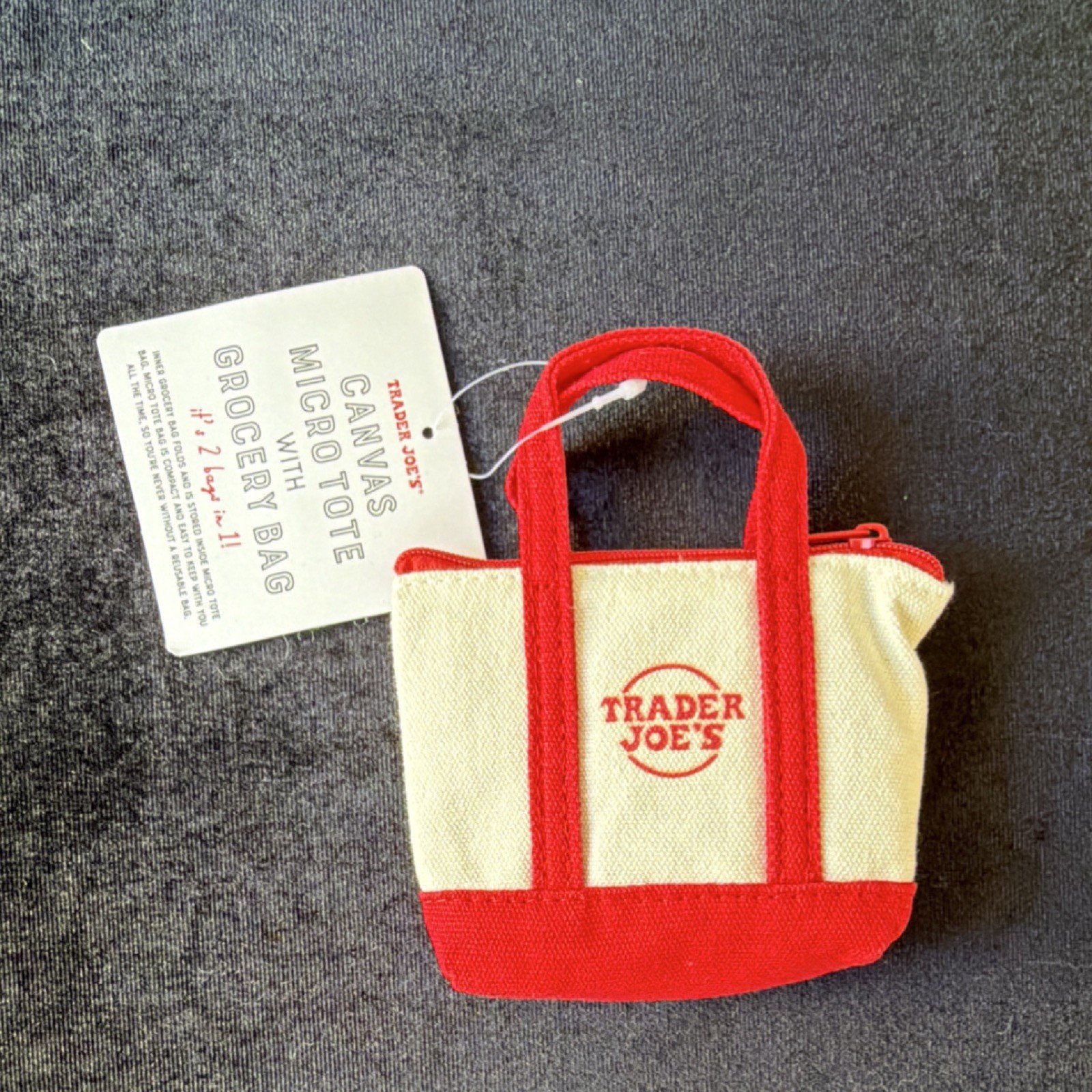 Trader Joe’s Canvas Micro Tote Grocery Bag with Zipper Red Beige Solid