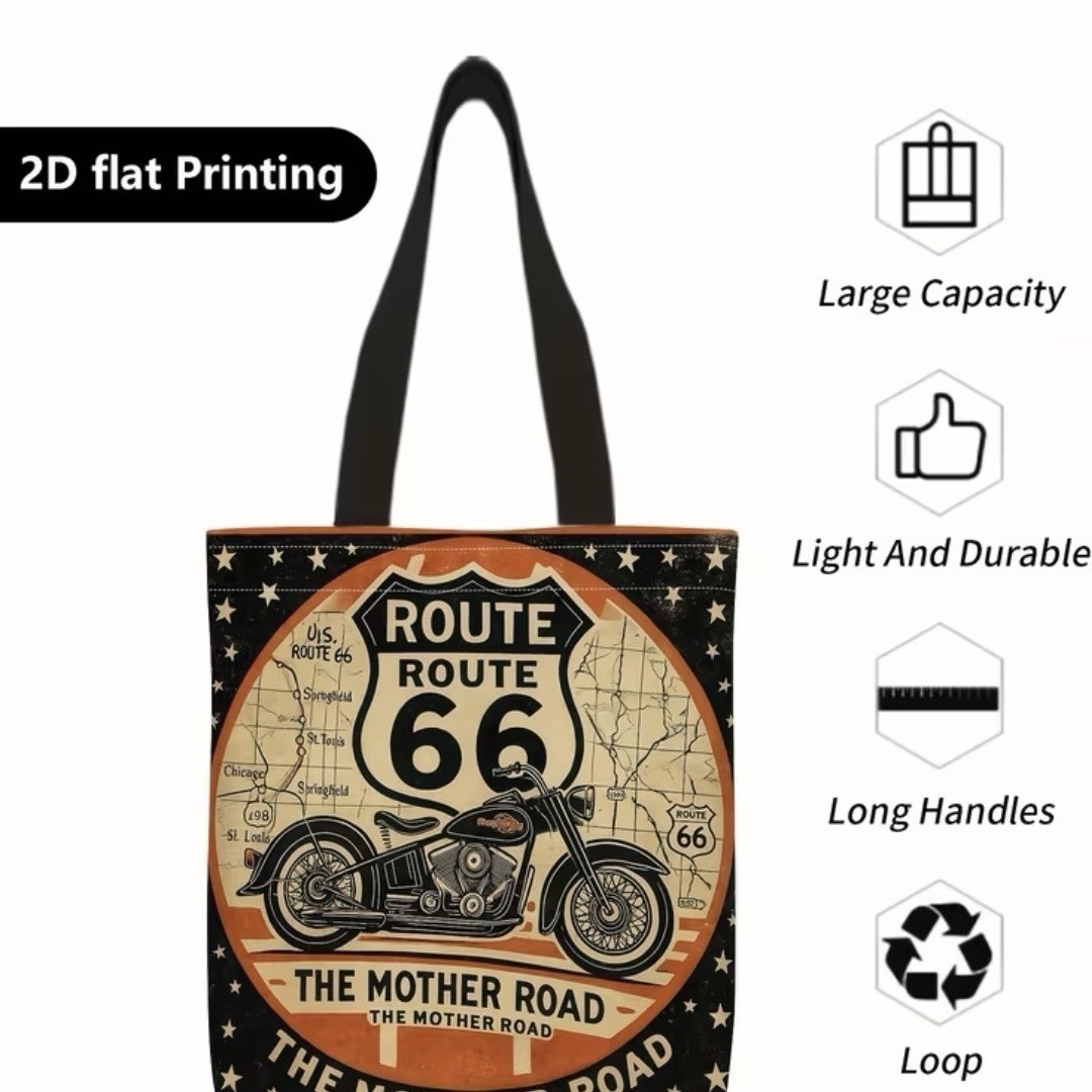 1pc Double-Sided 2D Flat Printing Shopping Tote Bag, Route 66 Motorcycle