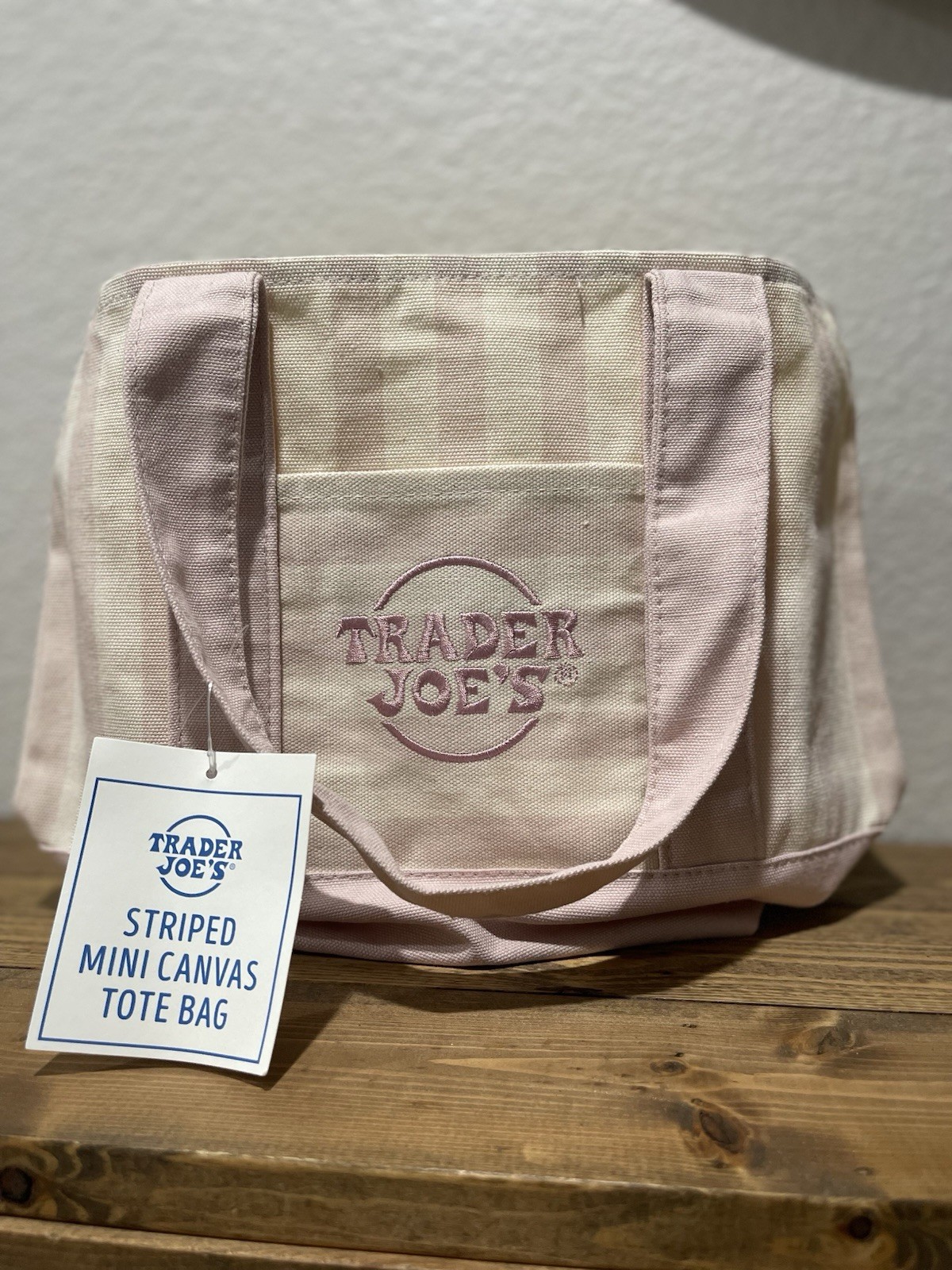 Trader Joe’s Striped Mini Canvas Tote Bag, Reusable, Pink & Beige