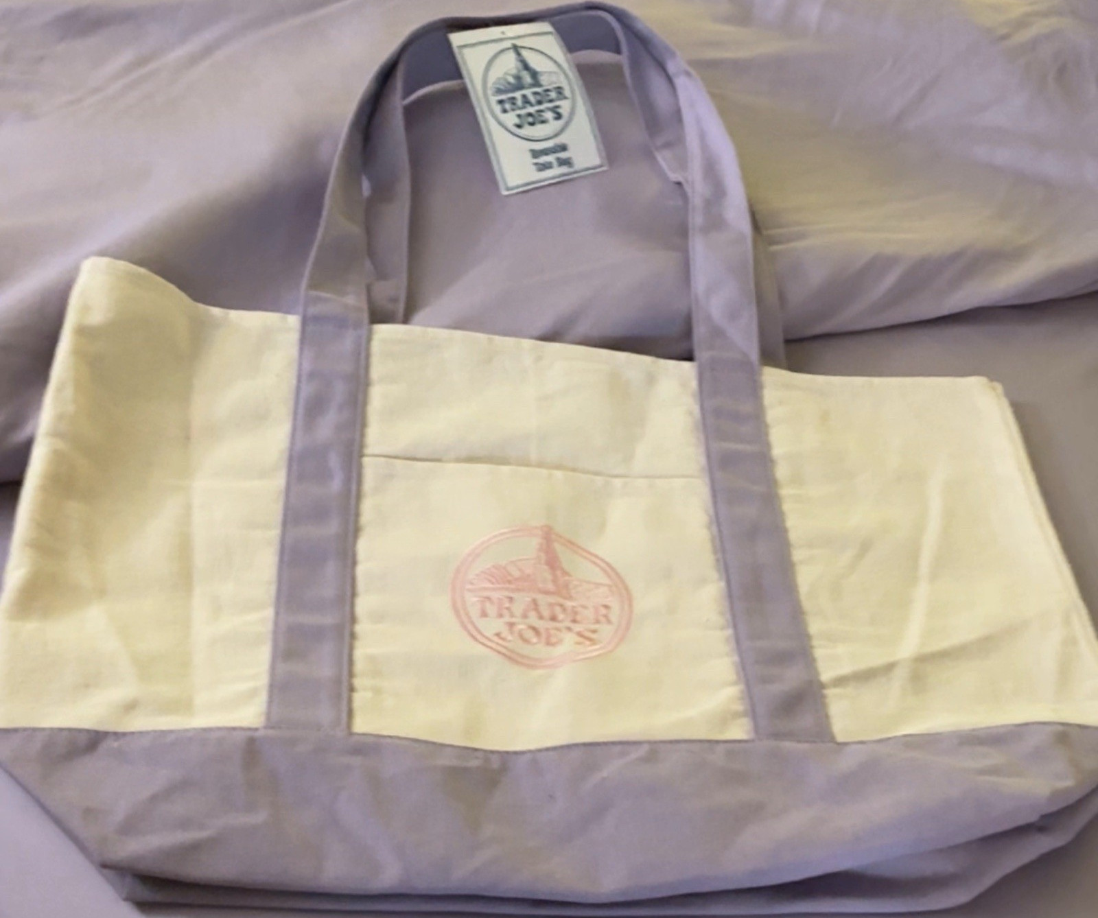 Trader Joe’s Large Canvas Reusable Shopping Bag Tote Purple Beige Solid New