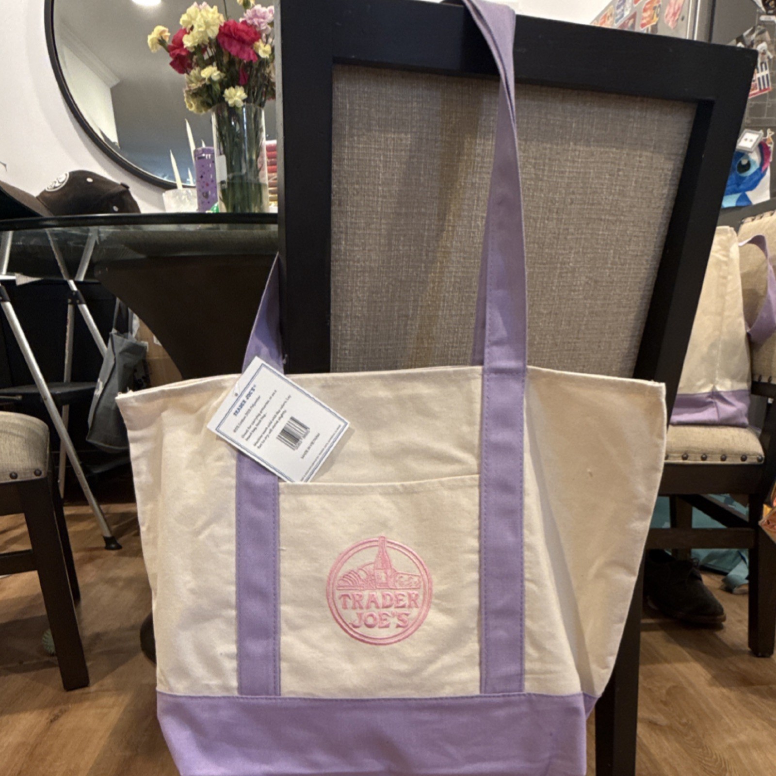 Trader Joe’s Reusable Foldable Canvas Tote Bag Purple Beige Color Block