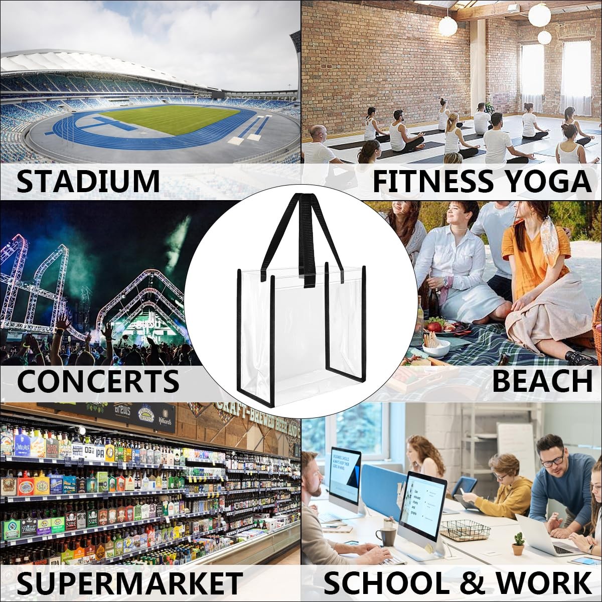 20 Clear Tote Bags – 12 x 12 x 6 Inch Plastic Bags with Handles Stadium Approved