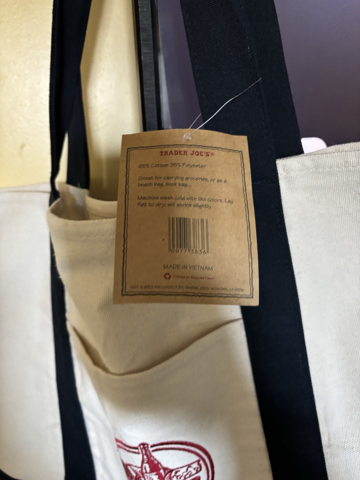 Trader Joe’s Foldable Reusable Shopping Bag Beige Navy Blue Cotton Polyester