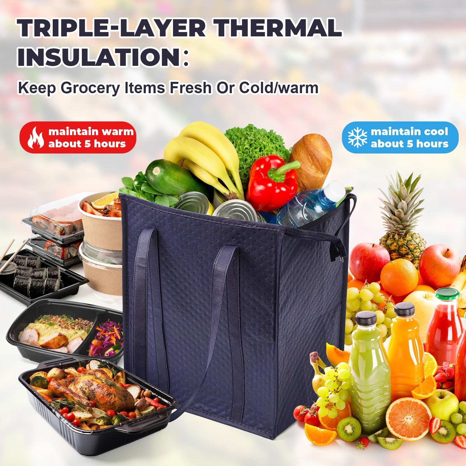 Navy Blue XL-Large Insulated Grocery Bag Zipper Thermal Cooler Tote 3 PCS