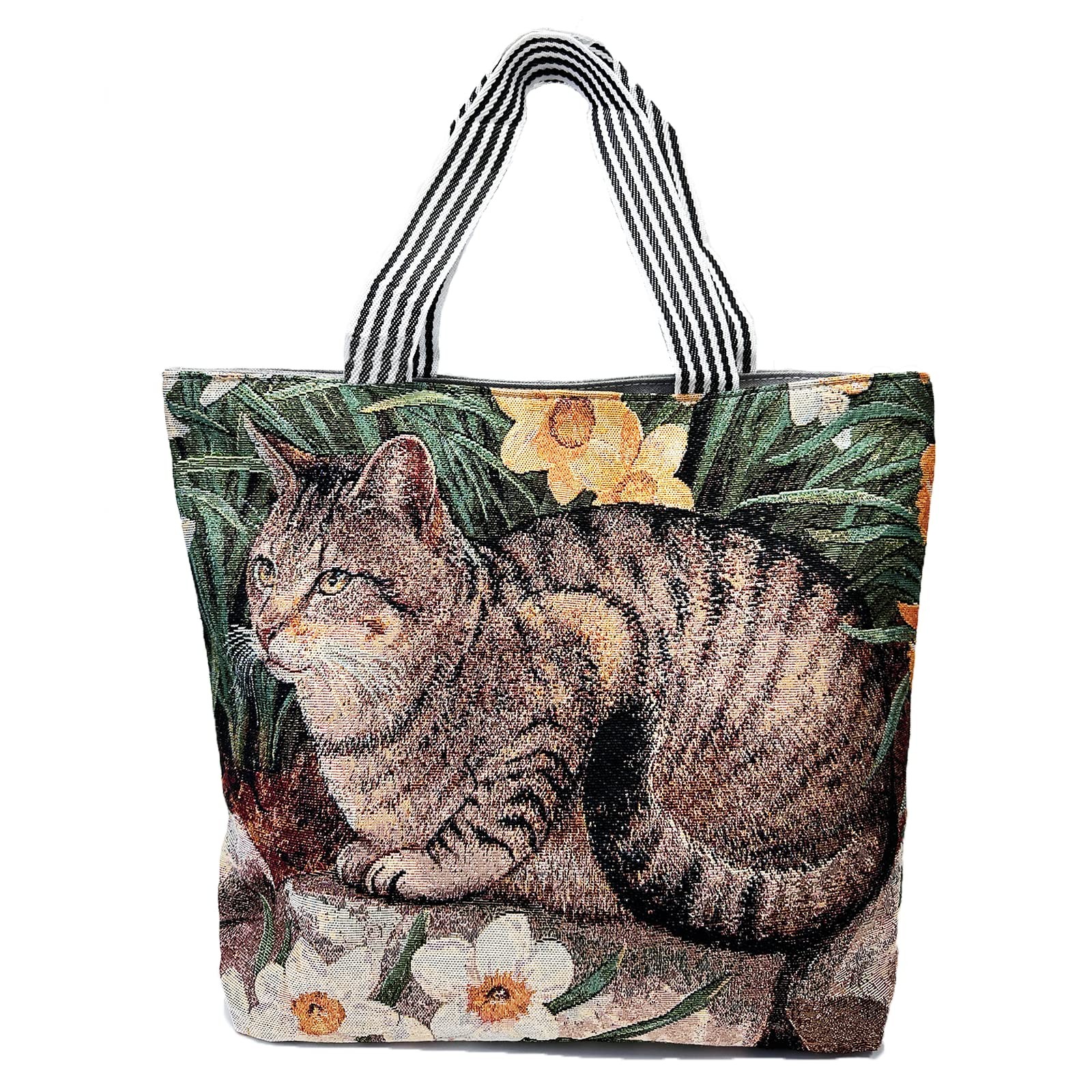 Cat Canvas Tote Bag, Cute-Tabby Shoulder Bag with Zipper for Women, Reusable …