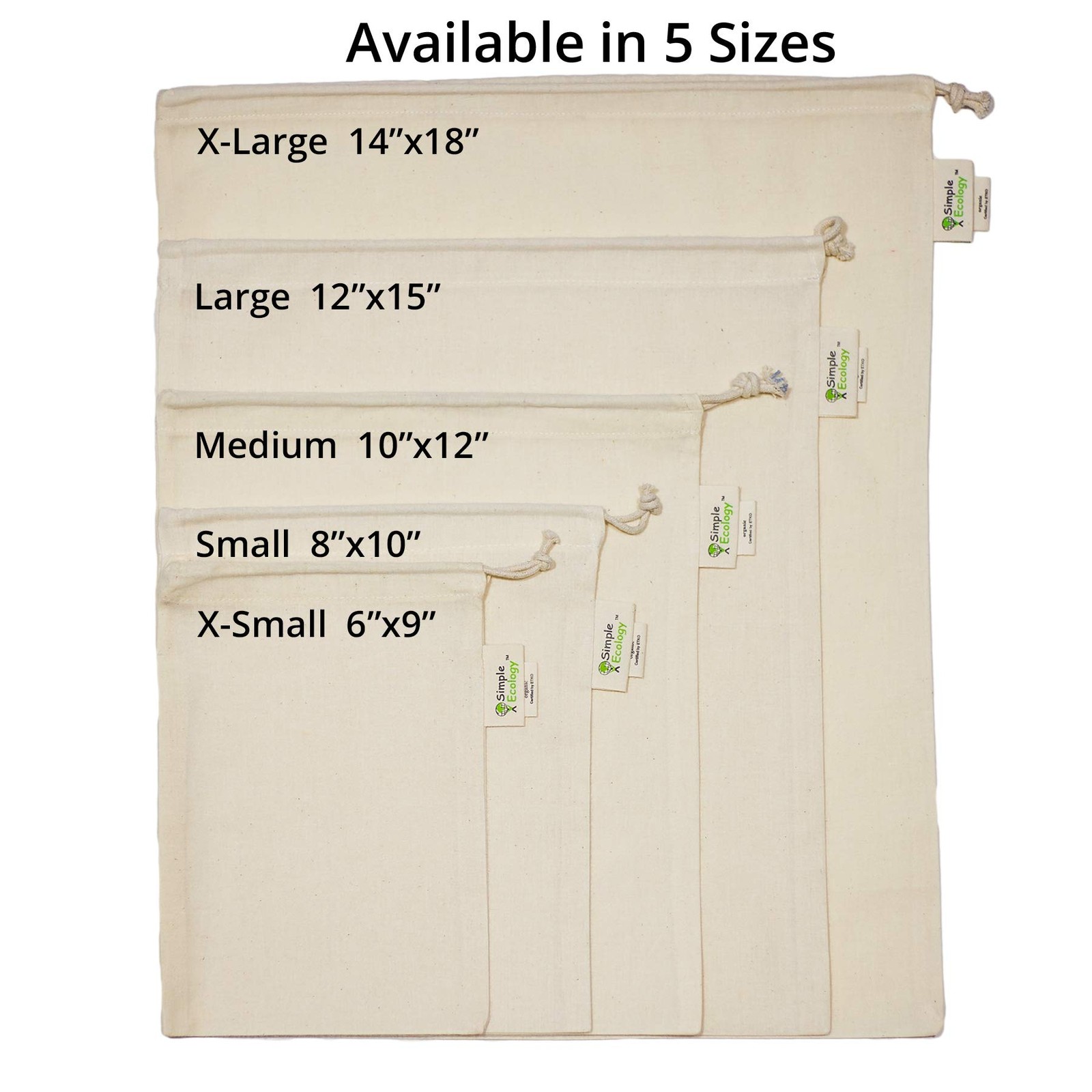 Simple Ecology Reusable Grocery Set of 6 (2 ea. L,M,S), Natural Cotton