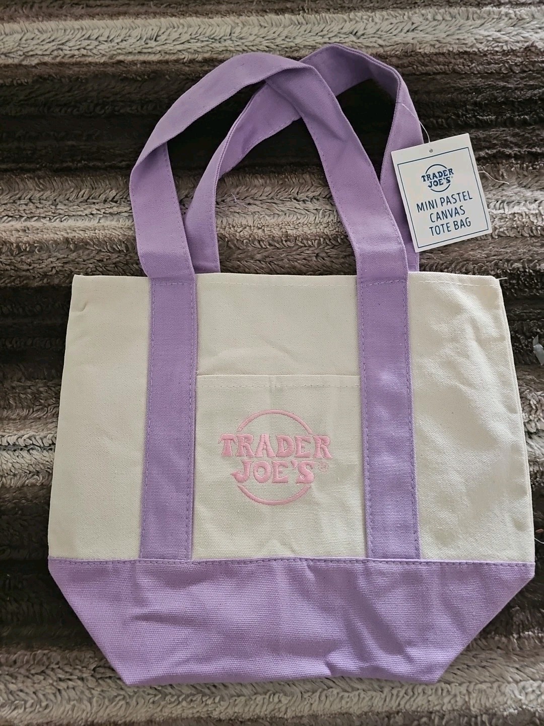 Trader Joe’s NEW 💜 RARE Embroidered PASTEL MINI CANVAS REUSABLE 1 TOTE BAG 💜