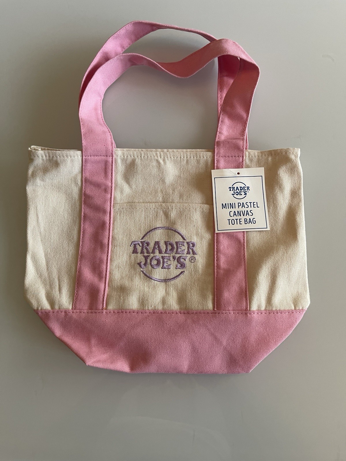 Trader Joe’s Canvas Tote Bag Small Foldable Pink Beige 13x6x12in Pastel
