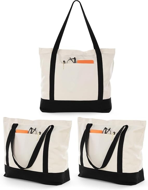 3 Pack Canvas Tote Bags Zippered Reusable Grocery Shopping Beach Bags