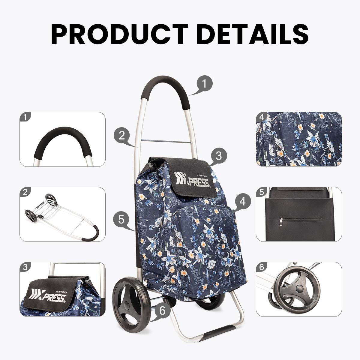 Grocery Shopping Trolley Portable Household Folding Shopping Cart with Wheels