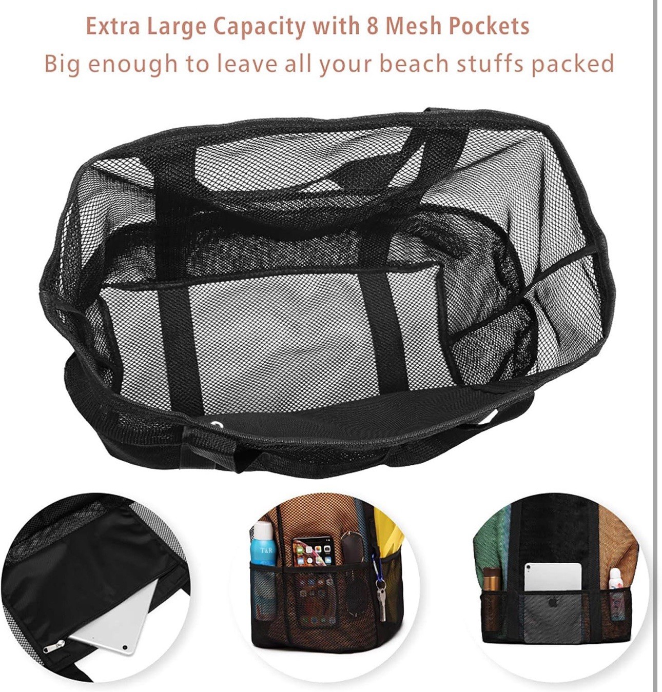 F-color Mesh Beach Bag Family – Large Tote for 16.5″ x 15″ x 8.5″, Black – NEW