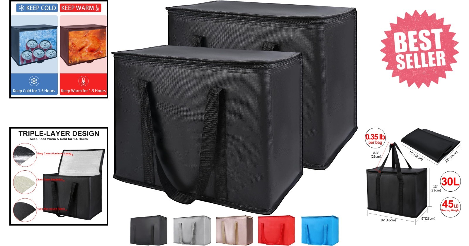 Durable Insulated Grocery Bags – 30L Black Tote Set for Travel and Deliveries