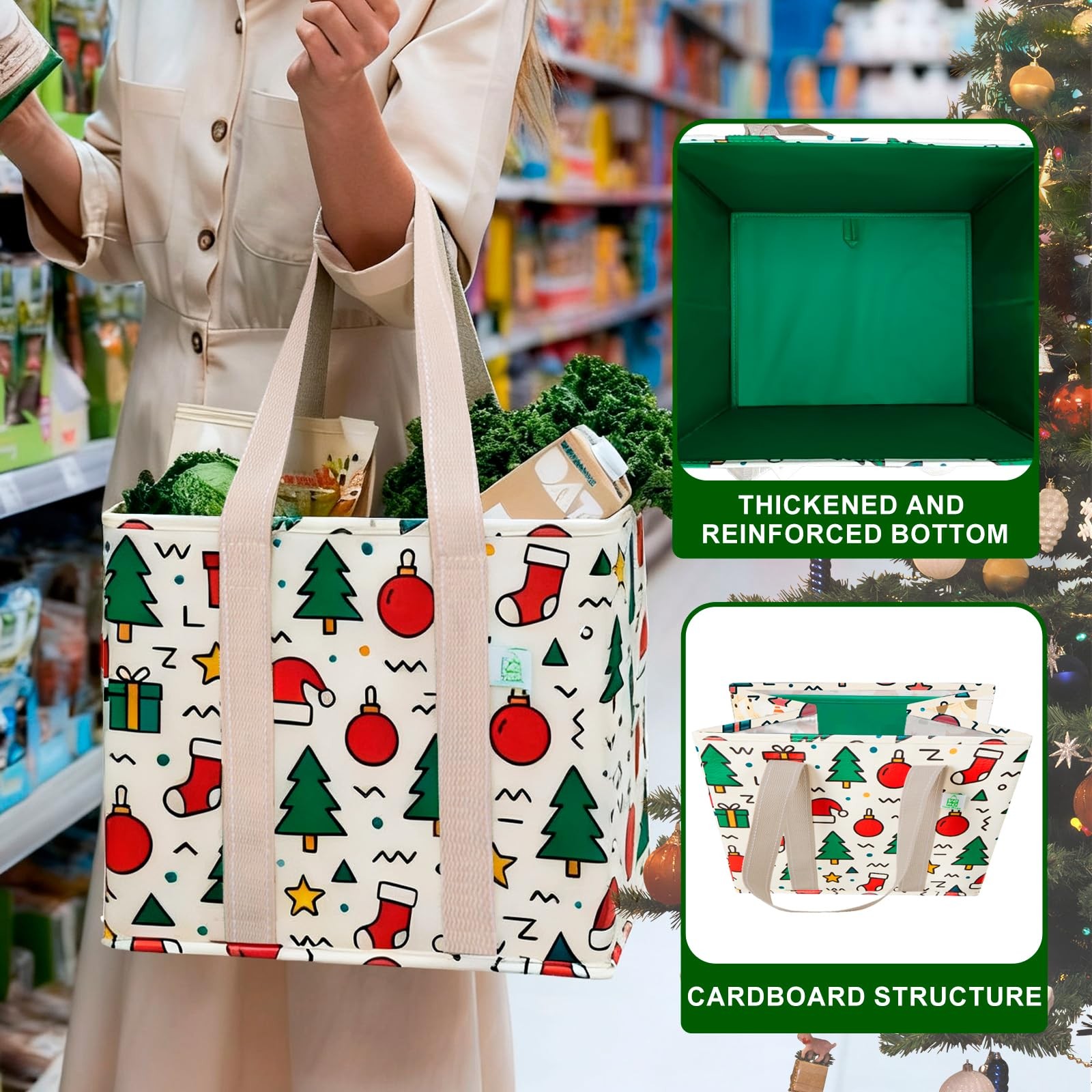 3 PCS 6 Gallon Jingle Mix Heavy Duty Water Resistant Reusable Grocery Bags
