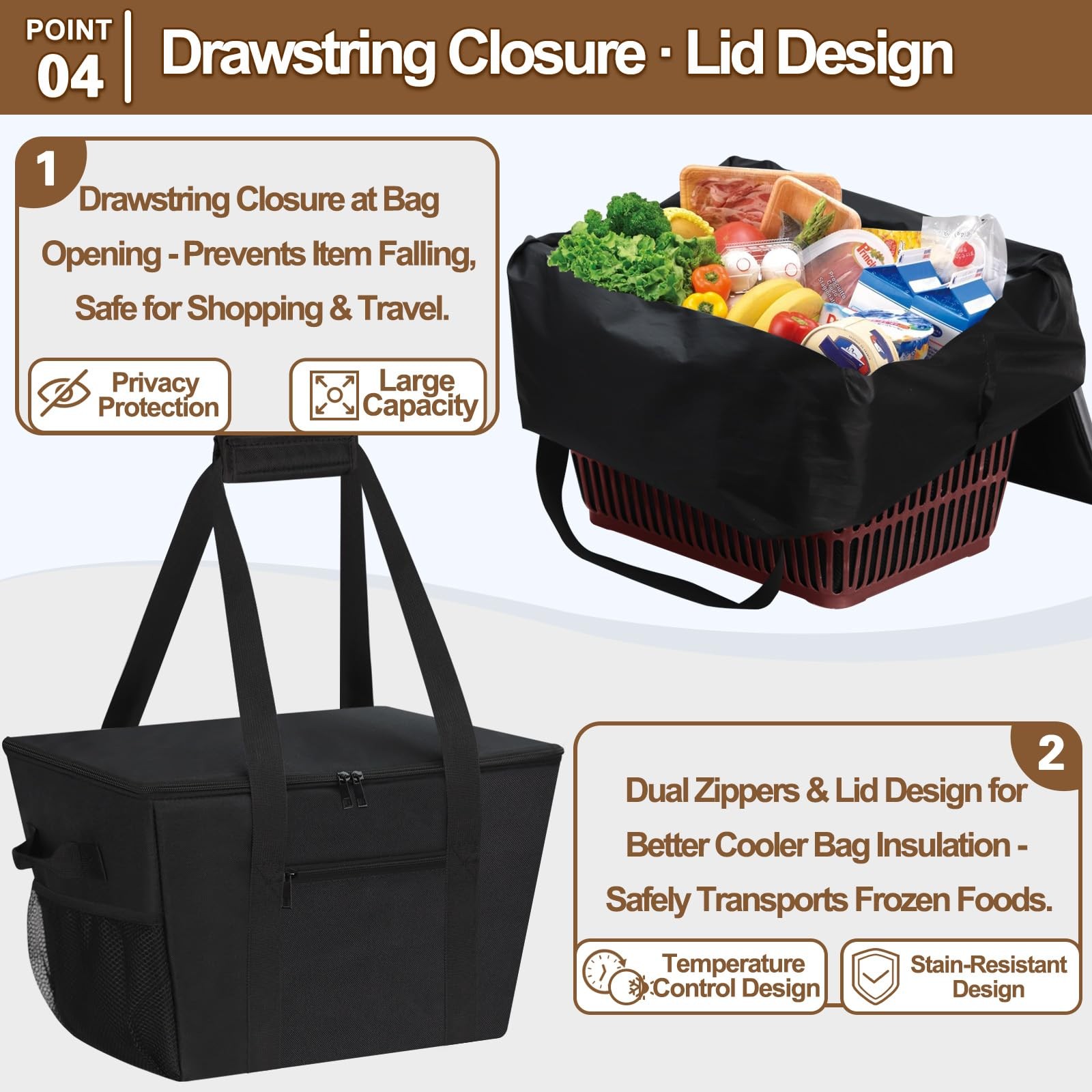 Insulated Grocery Bags Removable Bottom Board Zippered Top Drawstring Cooler