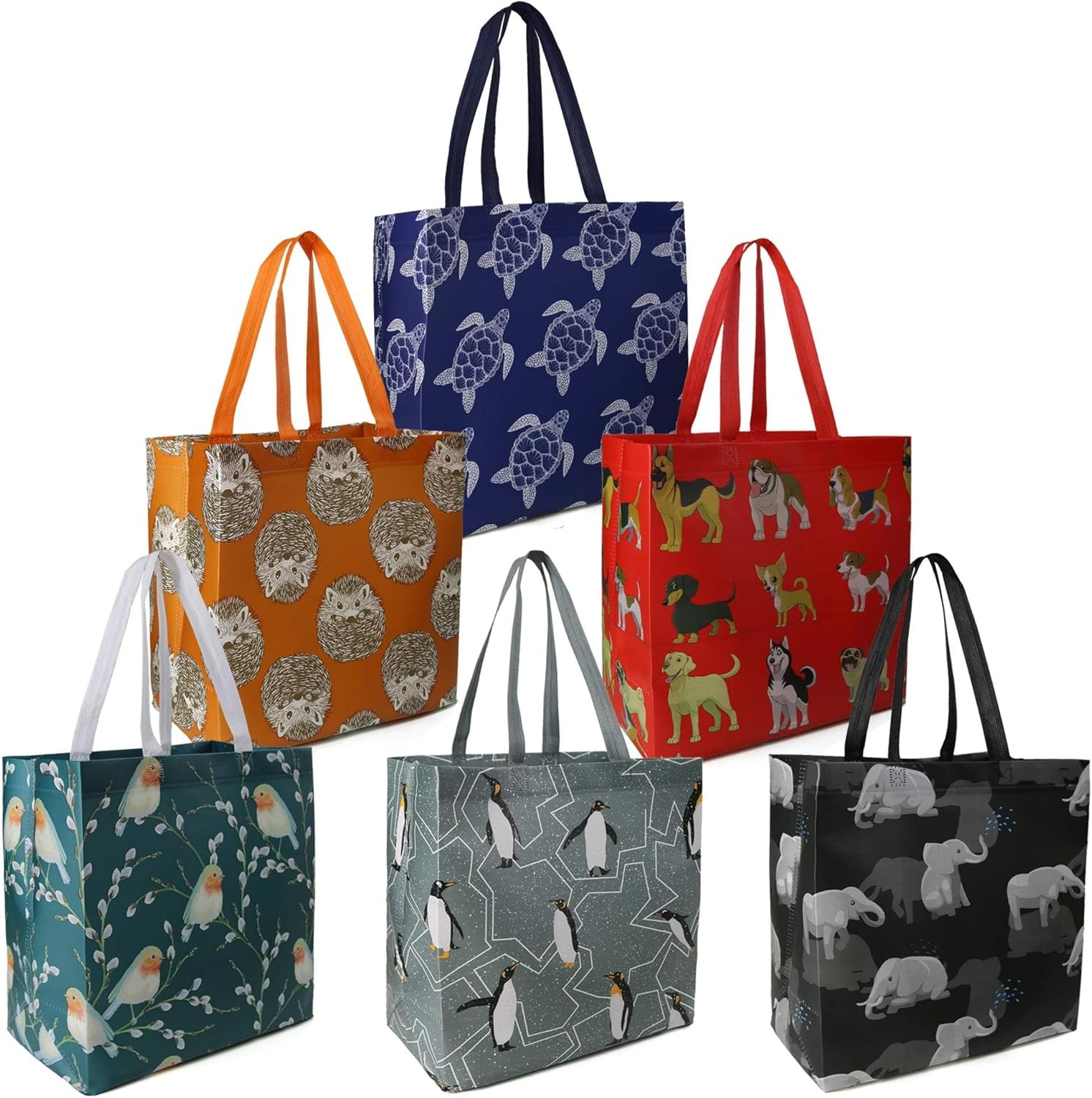 6 Packs Animal Reusable Grocery Bags – W13*H13*D7 with Long Handles