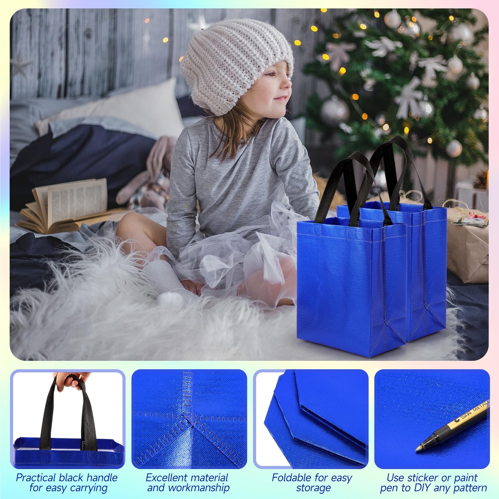 80 Pieces Gift Bags Set Reusable Glossy Grocery Tote With Handle Blue 10x8x4.7