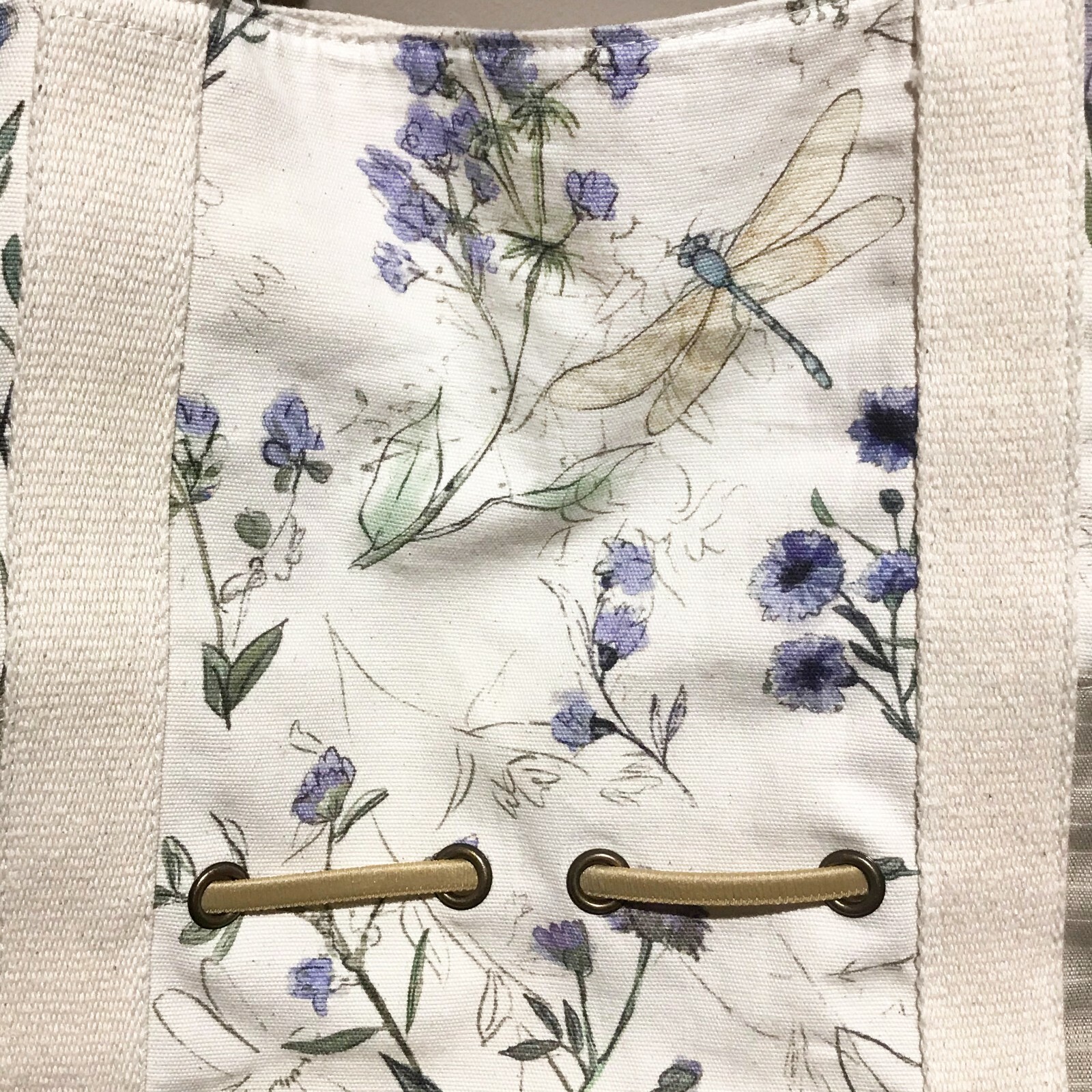 New LUZOH Gardening Tote Cotton Poly Tan Leather Trim Natural Taupe Floral 8 Pkt