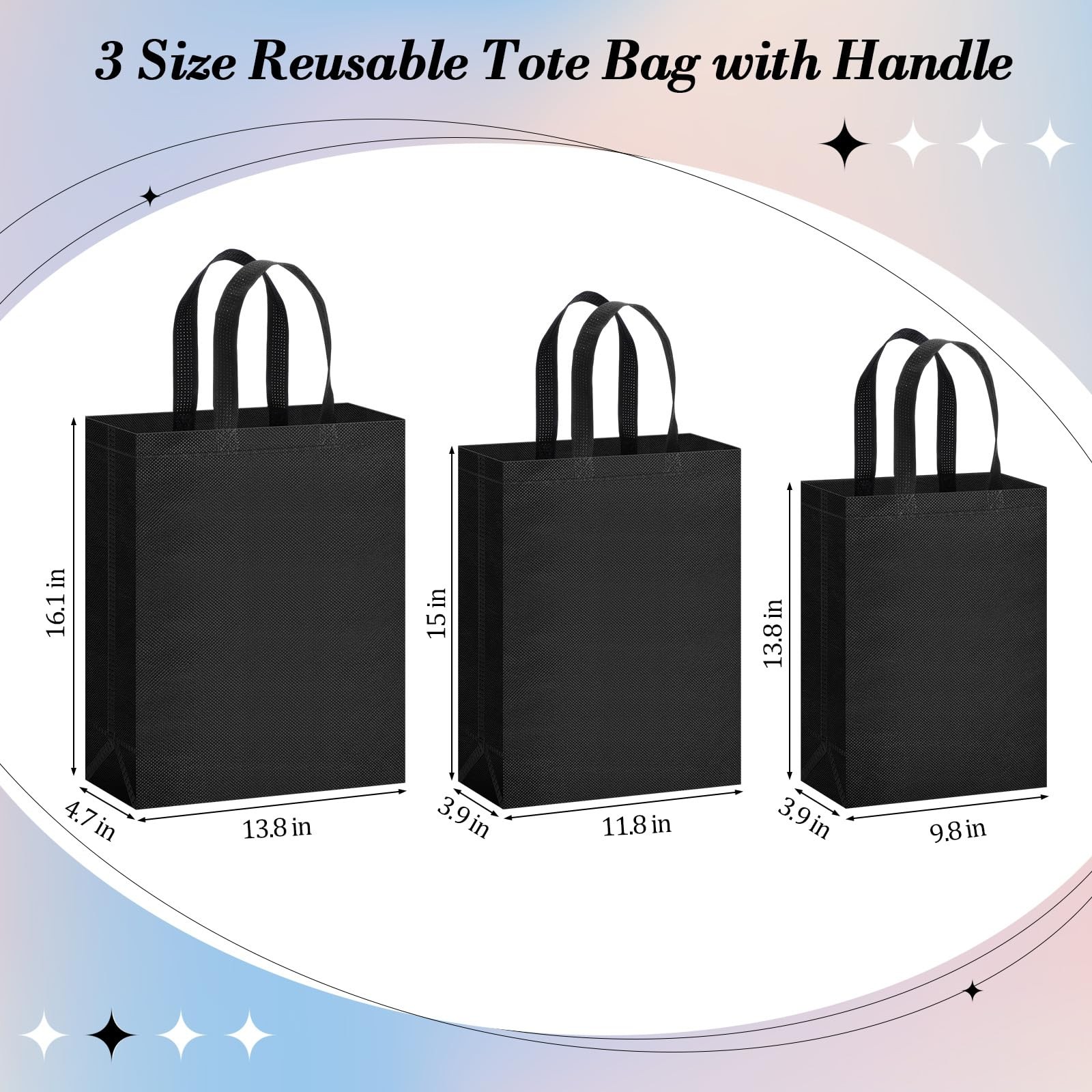 60 PCS Black Non Woven Reusable Grocery Bags Foldable 3 Sizes Bulk Tote