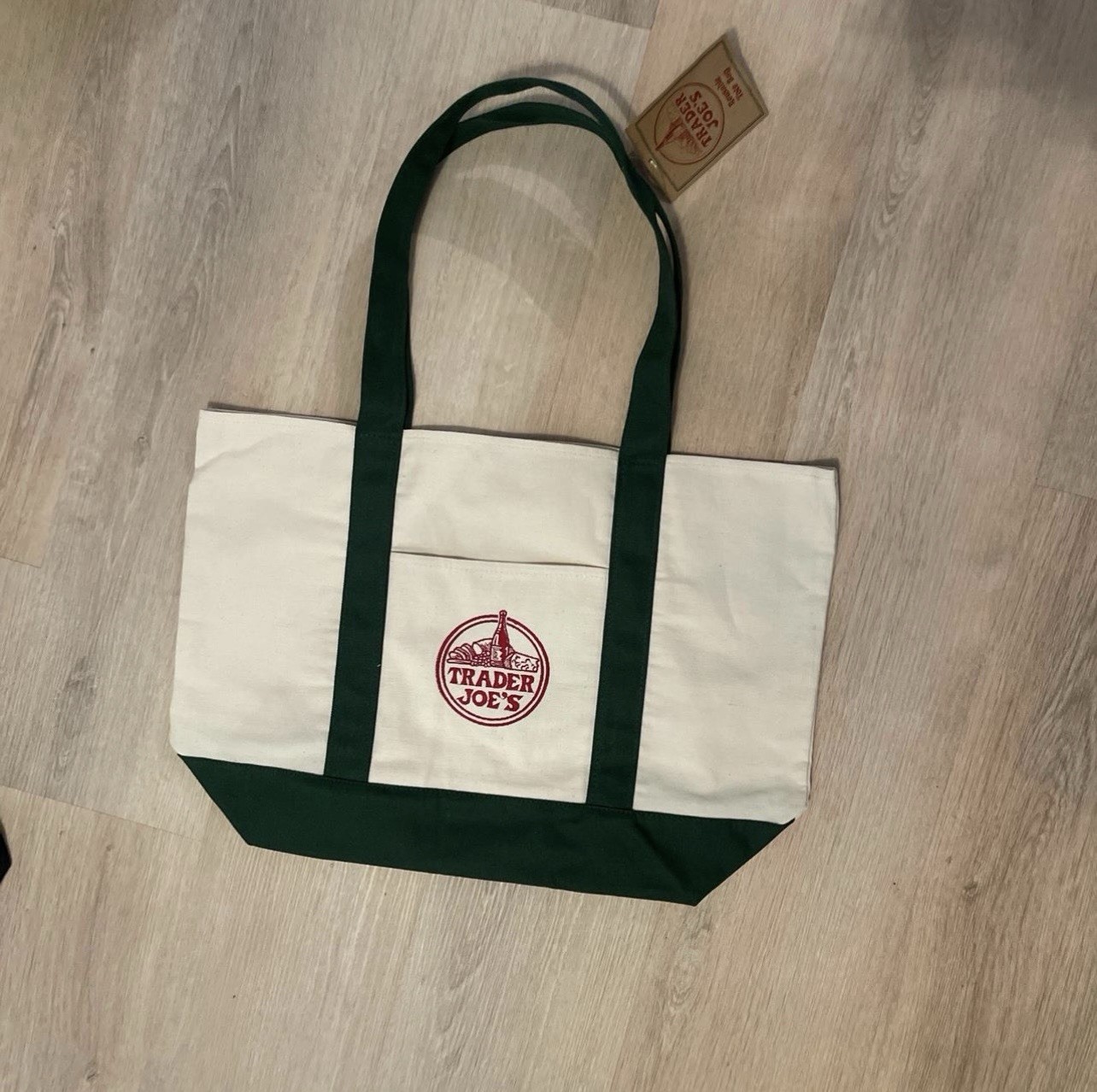 Trader Joe’s Foldable Canvas Tote Bag Beige Green Reusable Shopping Grocery Bag