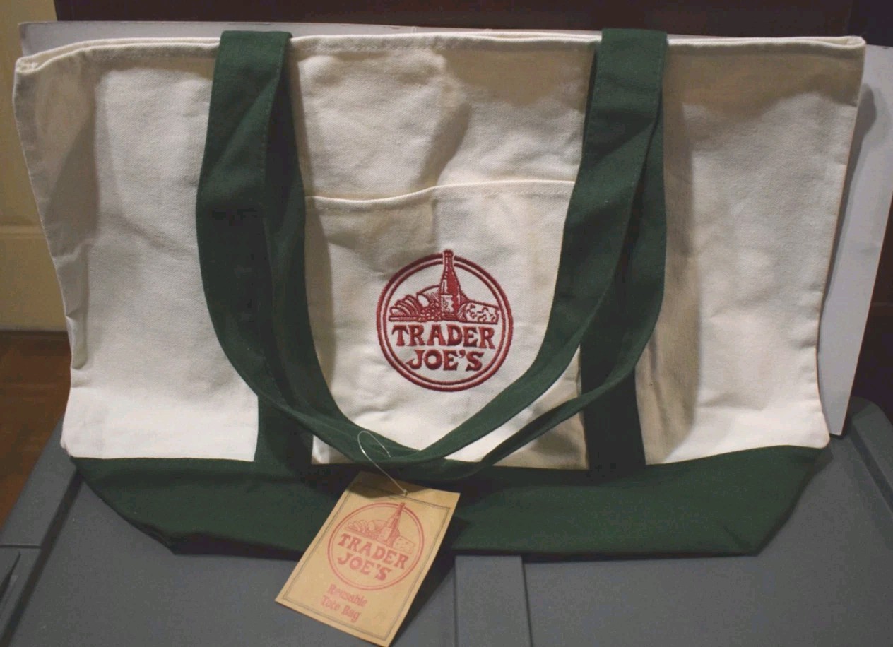 Trader Joe’s Canvas Tote Large 11″x 20″ Cream Green NWT