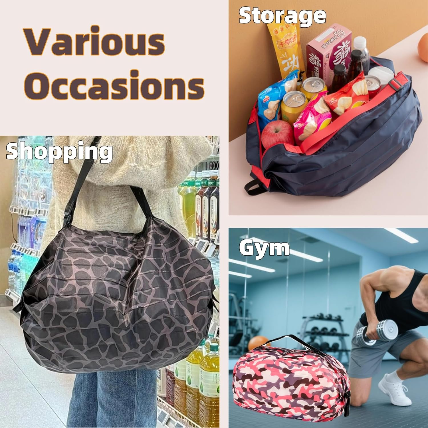 6 Pack Foldable Bag with Zipper, Reusable Shopping Bags, Large Capacity Grocery